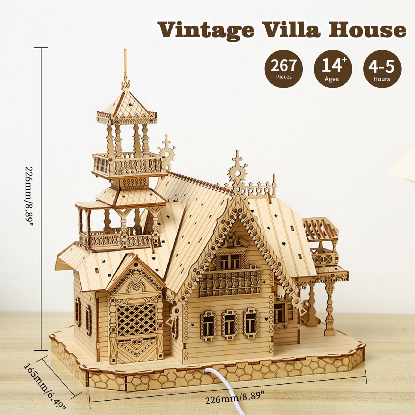 Hallisun 3D Wooden Puzzle for Adults – Villa House with USB LED, 267-Piece Cottage Kit