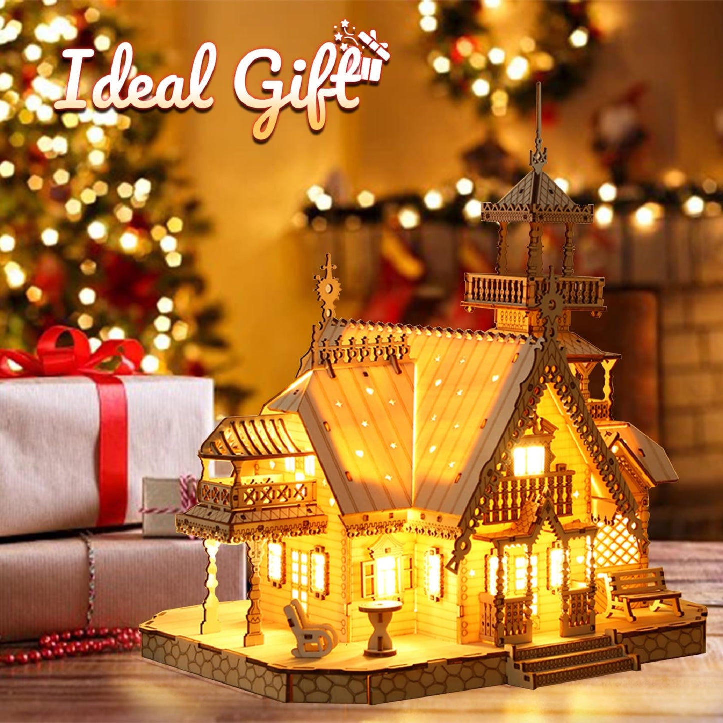 Hallisun 3D Wooden Puzzle for Adults – Villa House with USB LED, 267-Piece Cottage Kit