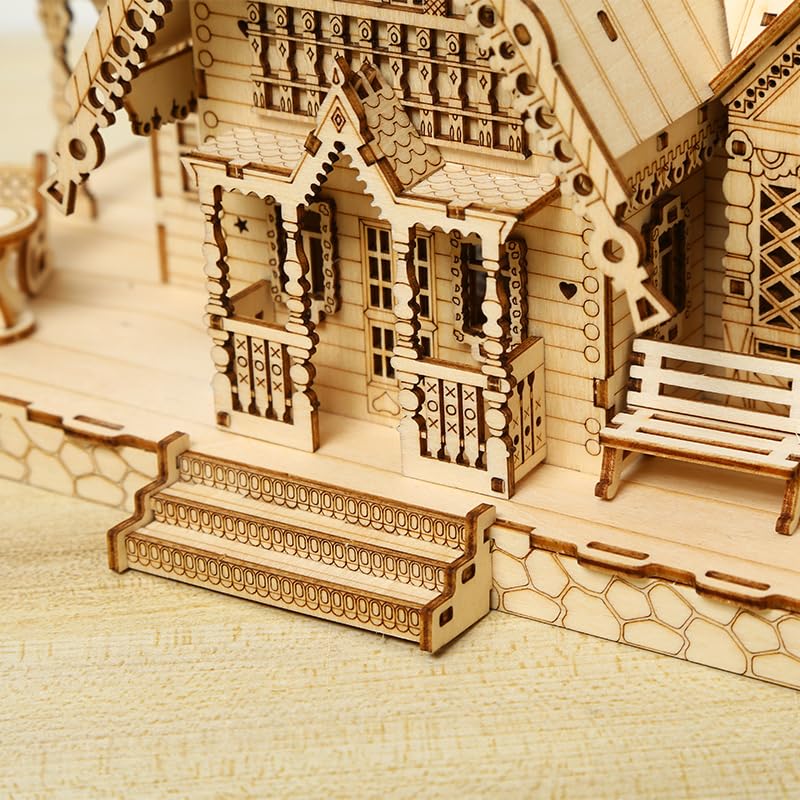 Hallisun 3D Wooden Puzzle for Adults – Villa House with USB LED, 267-Piece Cottage Kit