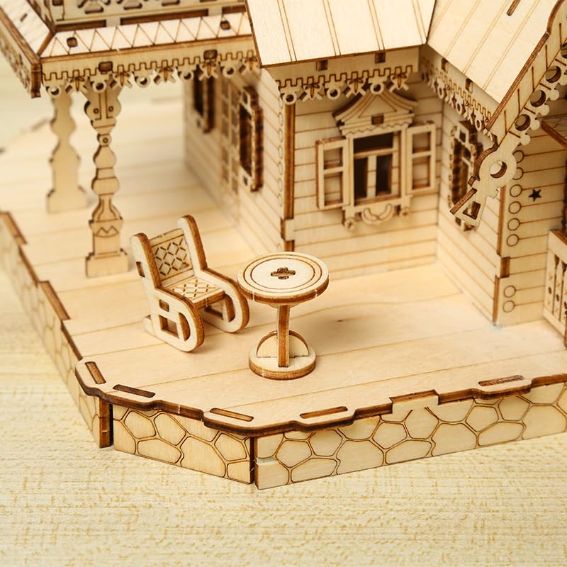 Hallisun 3D Wooden Puzzle for Adults – Villa House with USB LED, 267-Piece Cottage Kit