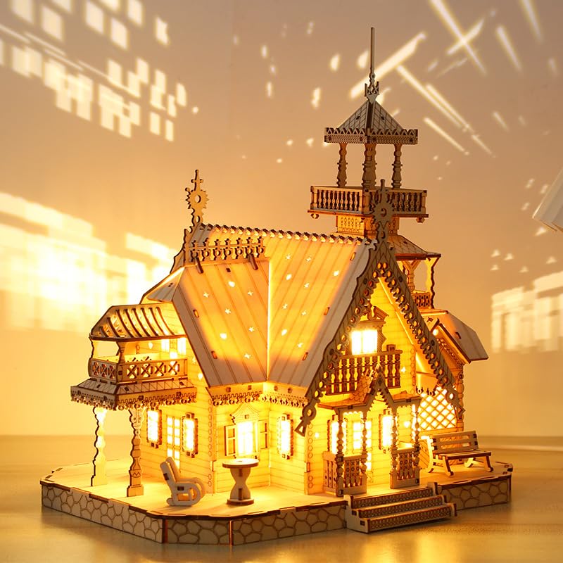 Hallisun 3D Wooden Puzzle for Adults – Villa House with USB LED, 267-Piece Cottage Kit