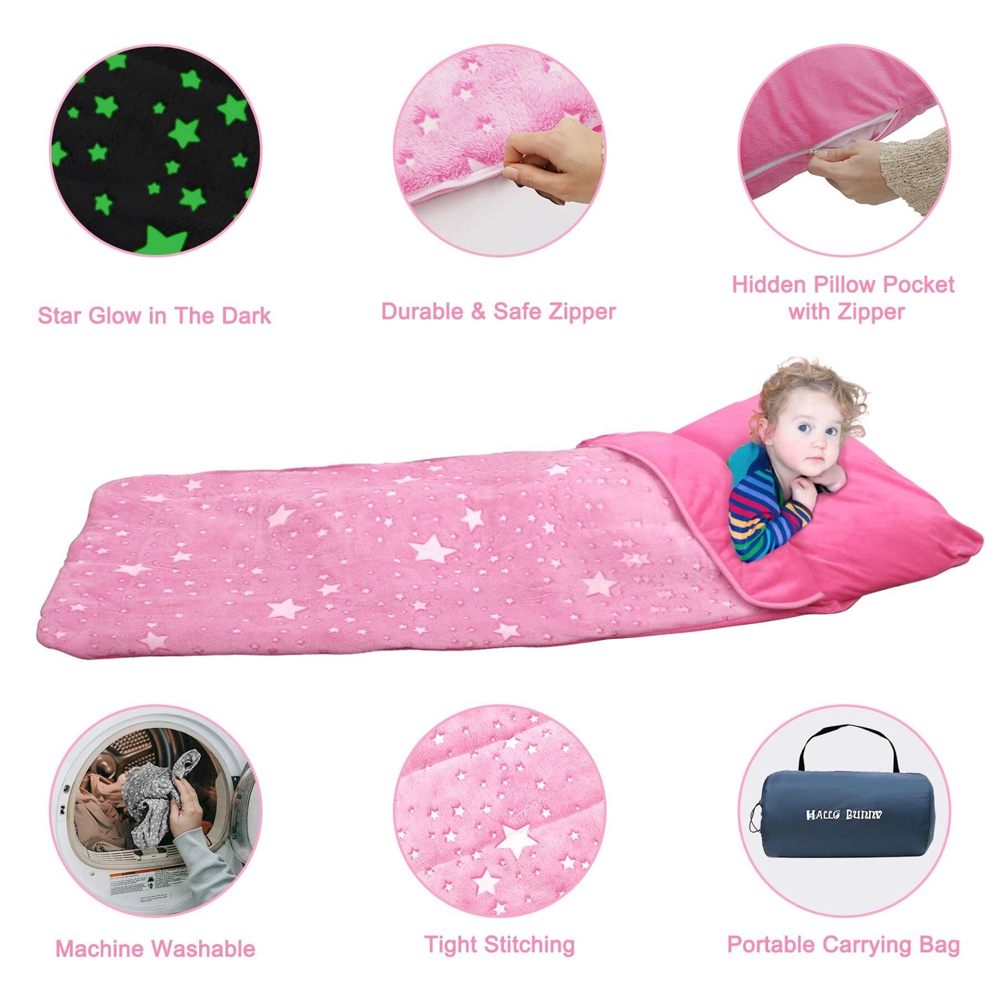 Hallo Bunny Kids Sleeping Bag with Pillow — Glow-in-the-Dark Stars, 63 x 29