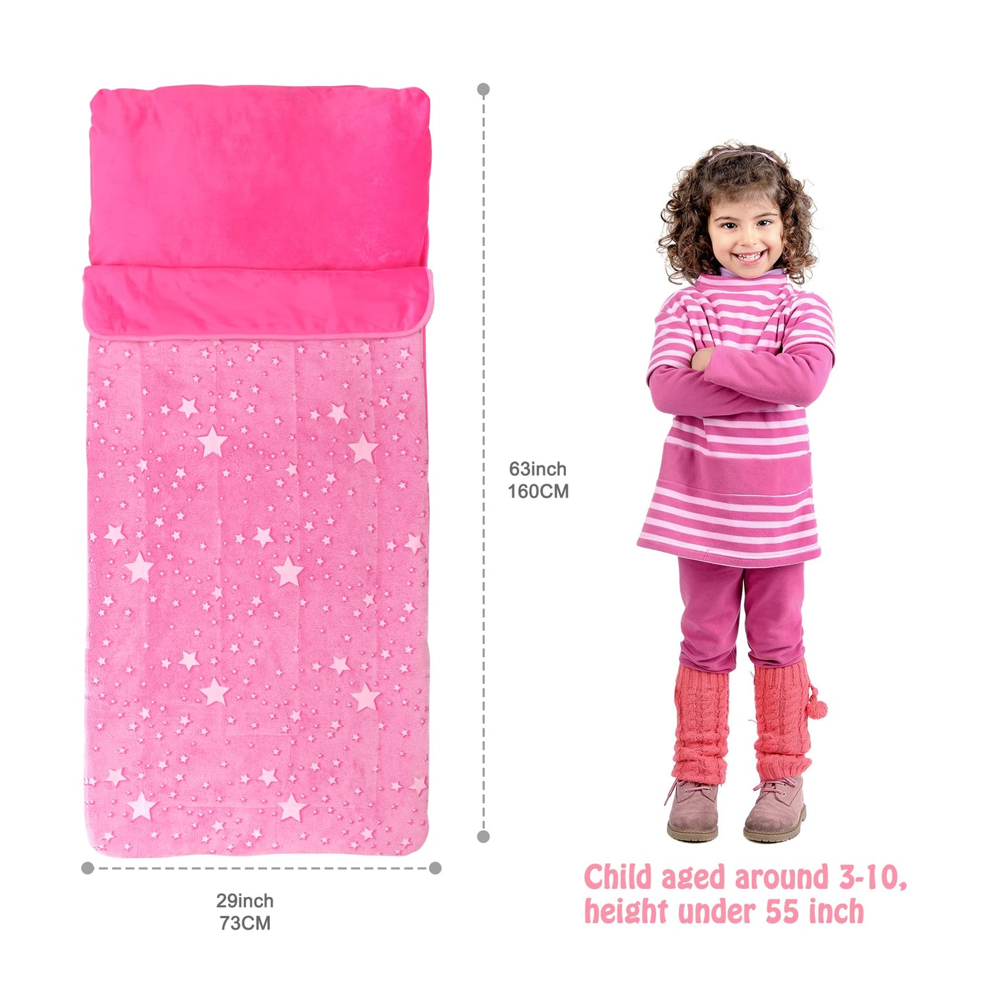 Hallo Bunny Kids Sleeping Bag with Pillow — Glow-in-the-Dark Stars, 63 x 29
