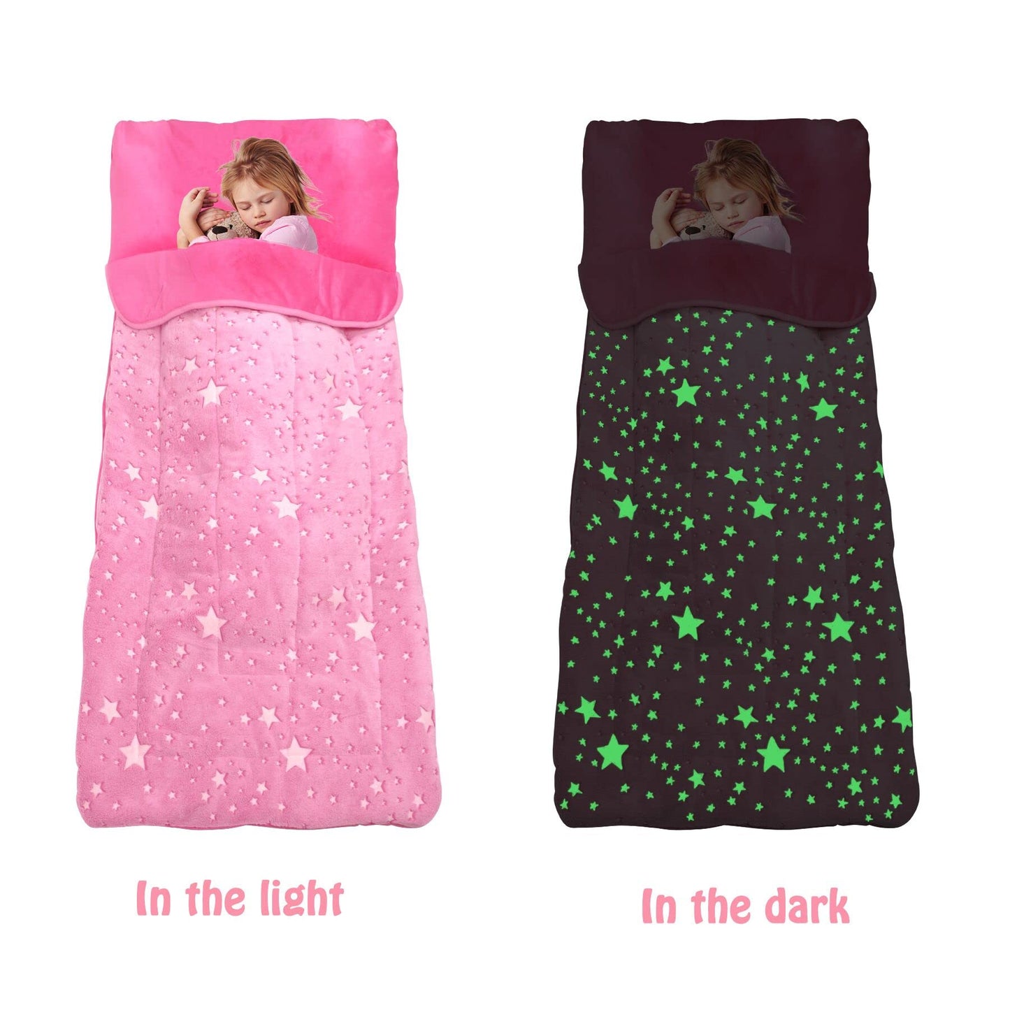 Hallo Bunny Kids Sleeping Bag with Pillow — Glow-in-the-Dark Stars, 63 x 29