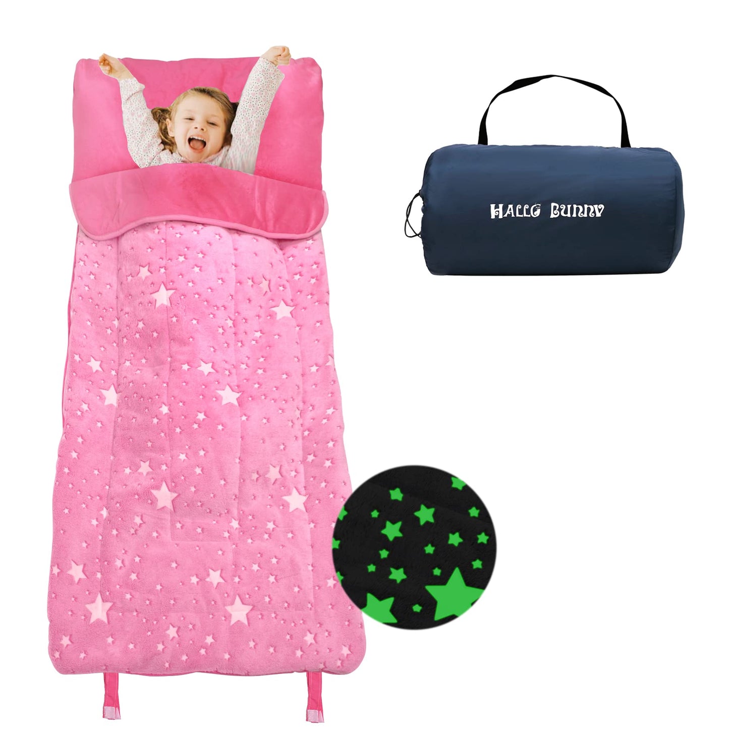 Hallo Bunny Kids Sleeping Bag with Pillow — Glow-in-the-Dark Stars, 63 x 29