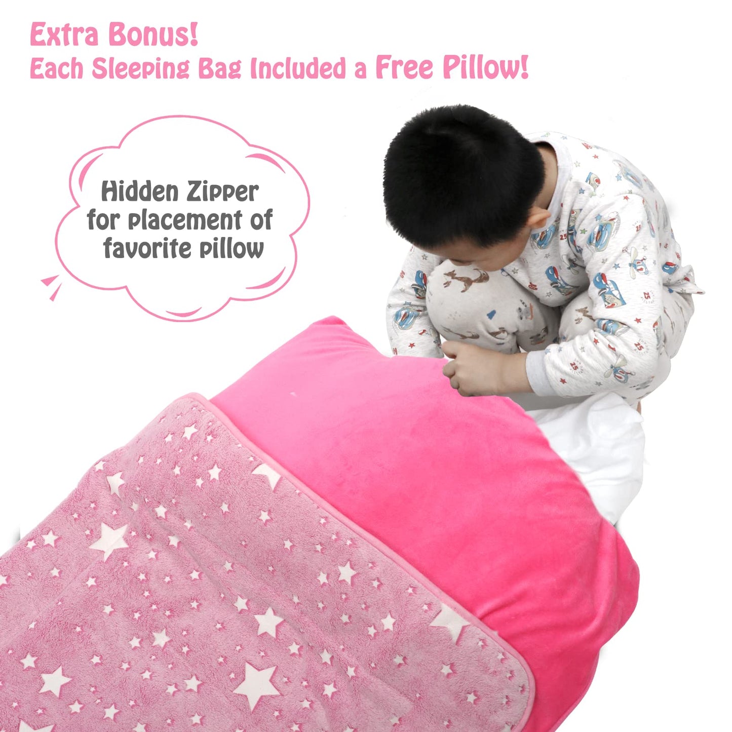 Hallo Bunny Kids Sleeping Bag with Pillow — Glow-in-the-Dark Stars, 63 x 29