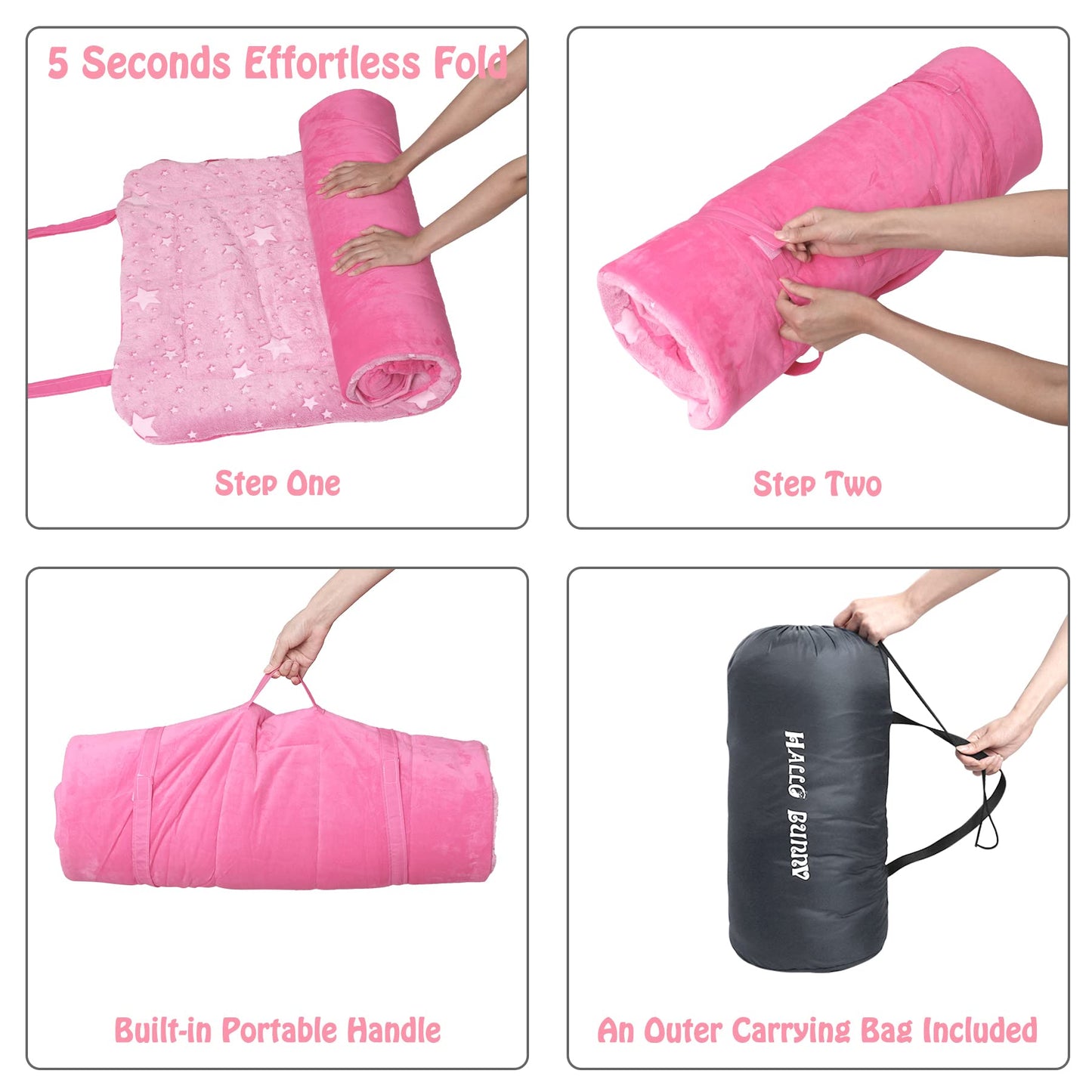 Hallo Bunny Kids Sleeping Bag with Pillow — Glow-in-the-Dark Stars, 63 x 29