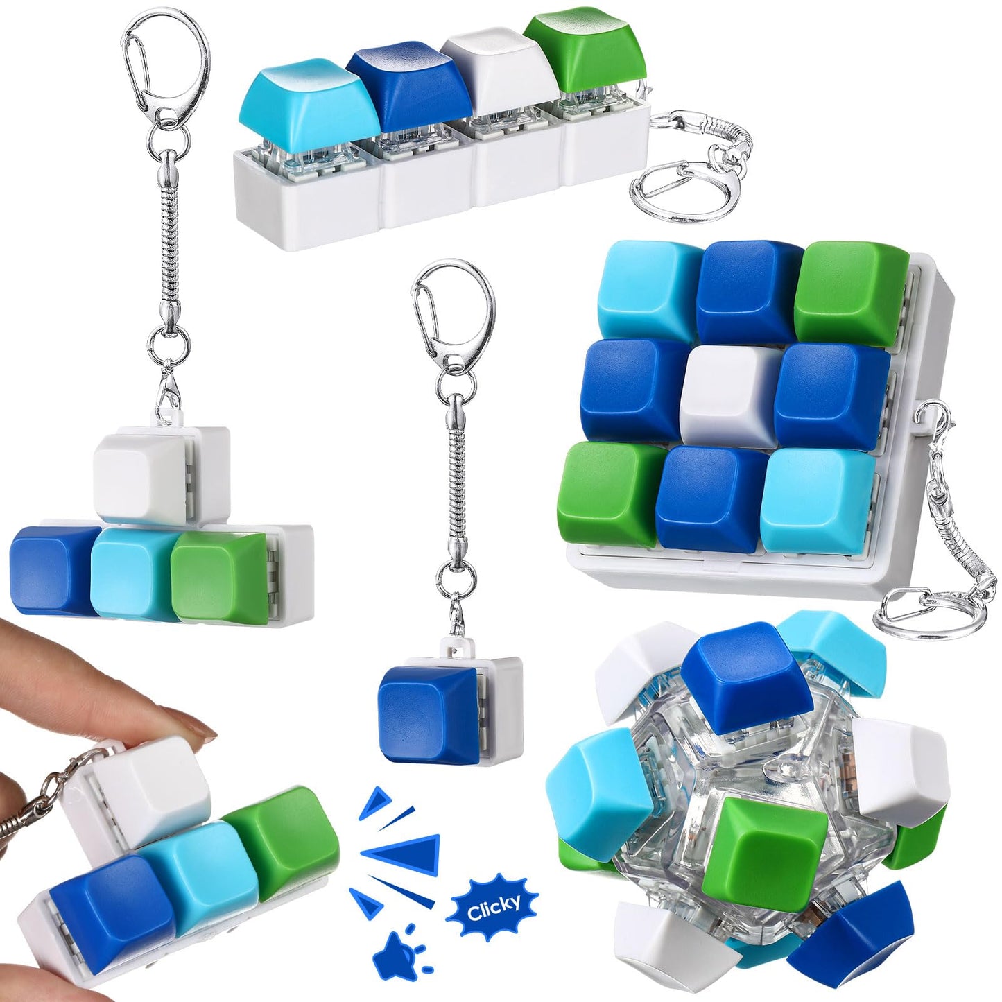 Halloscume 5 Pcs Keyboard Fidget Keychain Set – 5 Styles (Blue Green) for Focus & Stress Relief