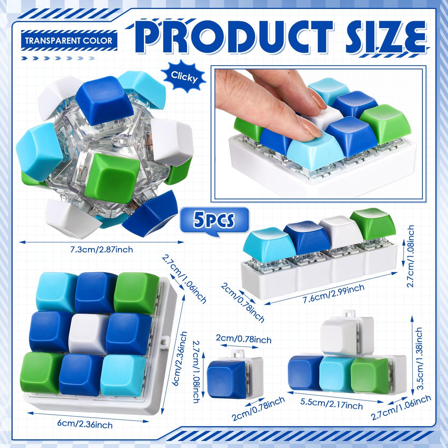 Halloscume 5 Pcs Keyboard Fidget Keychain Set – 5 Styles (Blue Green) for Focus & Stress Relief