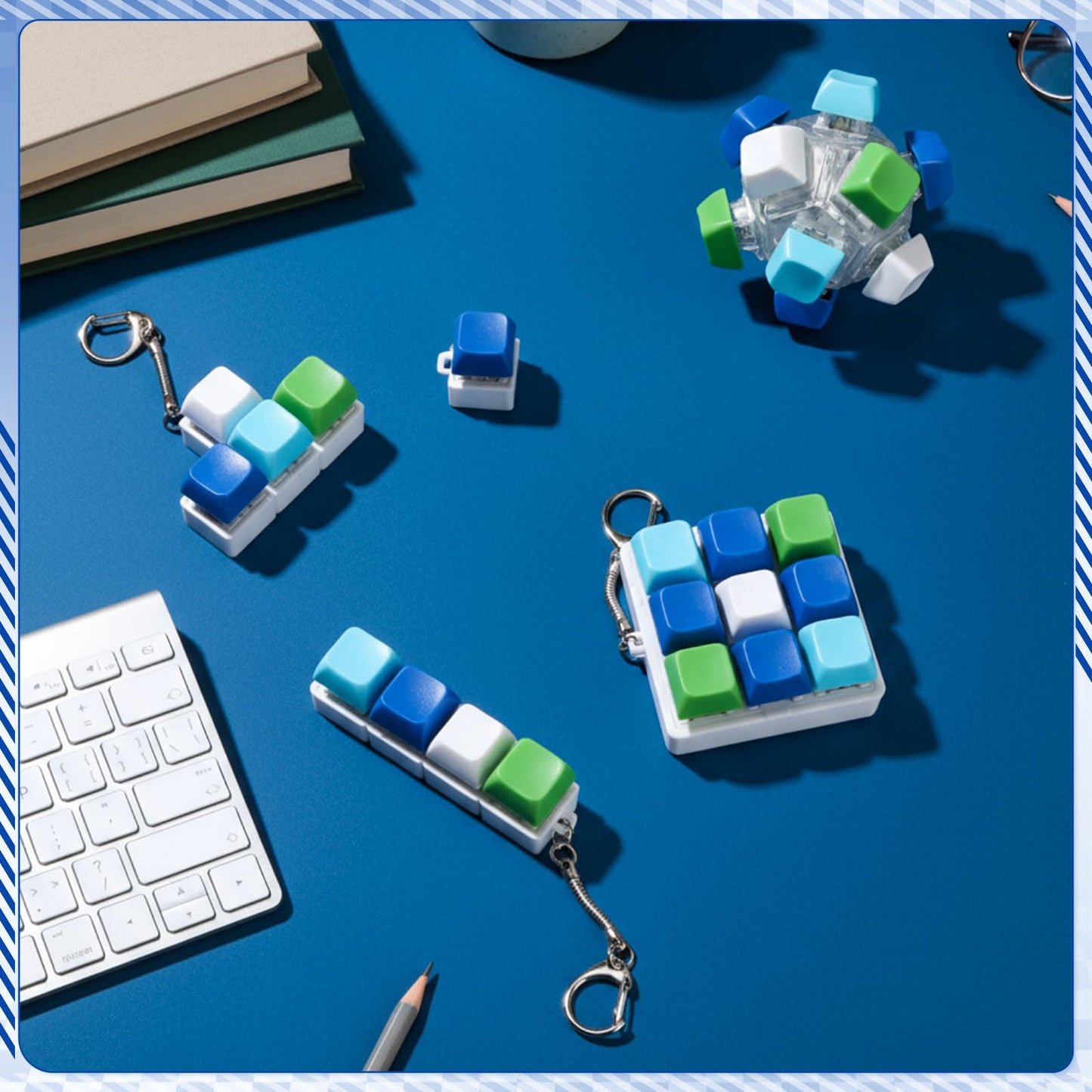 Halloscume 5 Pcs Keyboard Fidget Keychain Set – 5 Styles (Blue Green) for Focus & Stress Relief