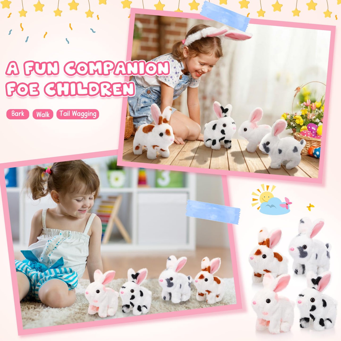Halloscume 4-Piece Interactive Bunny Toys – 7-Inch Plush Hopping Rabbits for Easter Gift