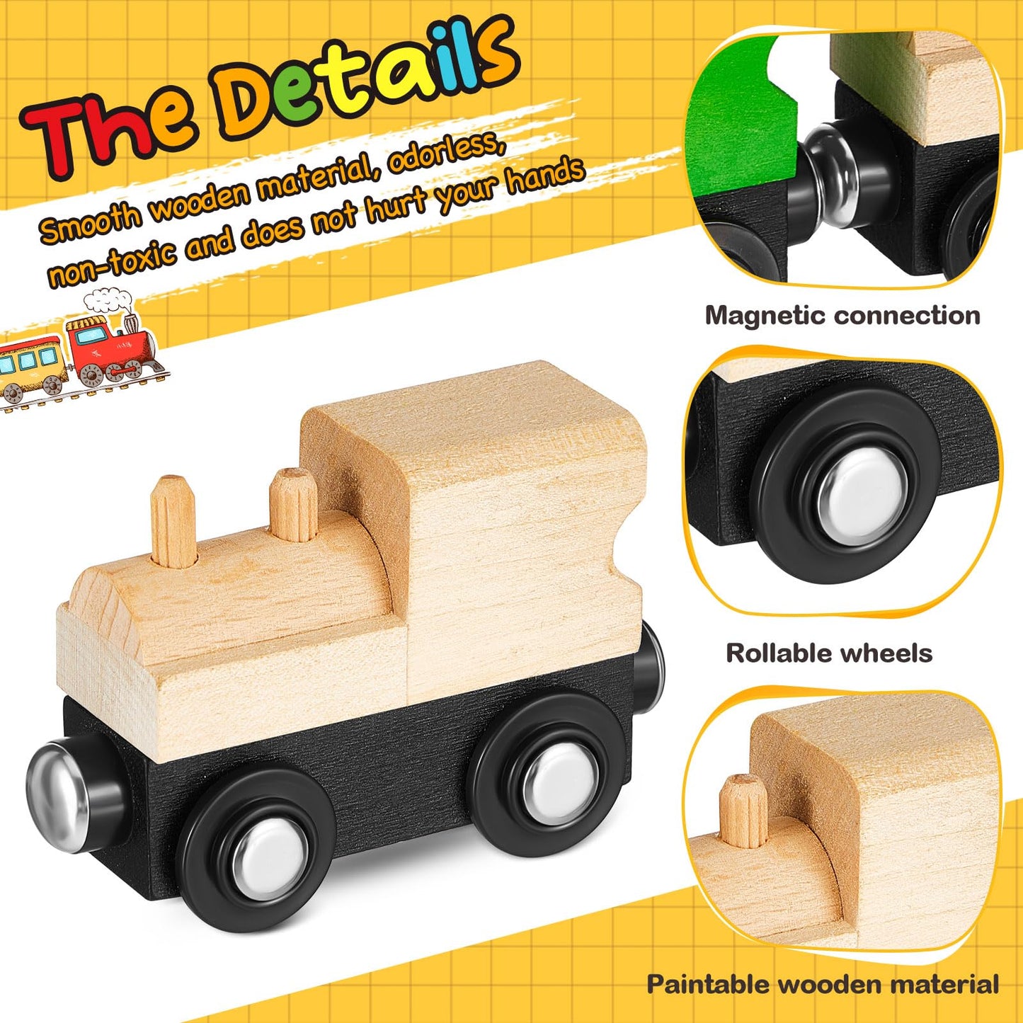 Halloscume 30 Pcs Unfinished DIY Wooden Trains – Magnetic Train Cars for Railway Crafts