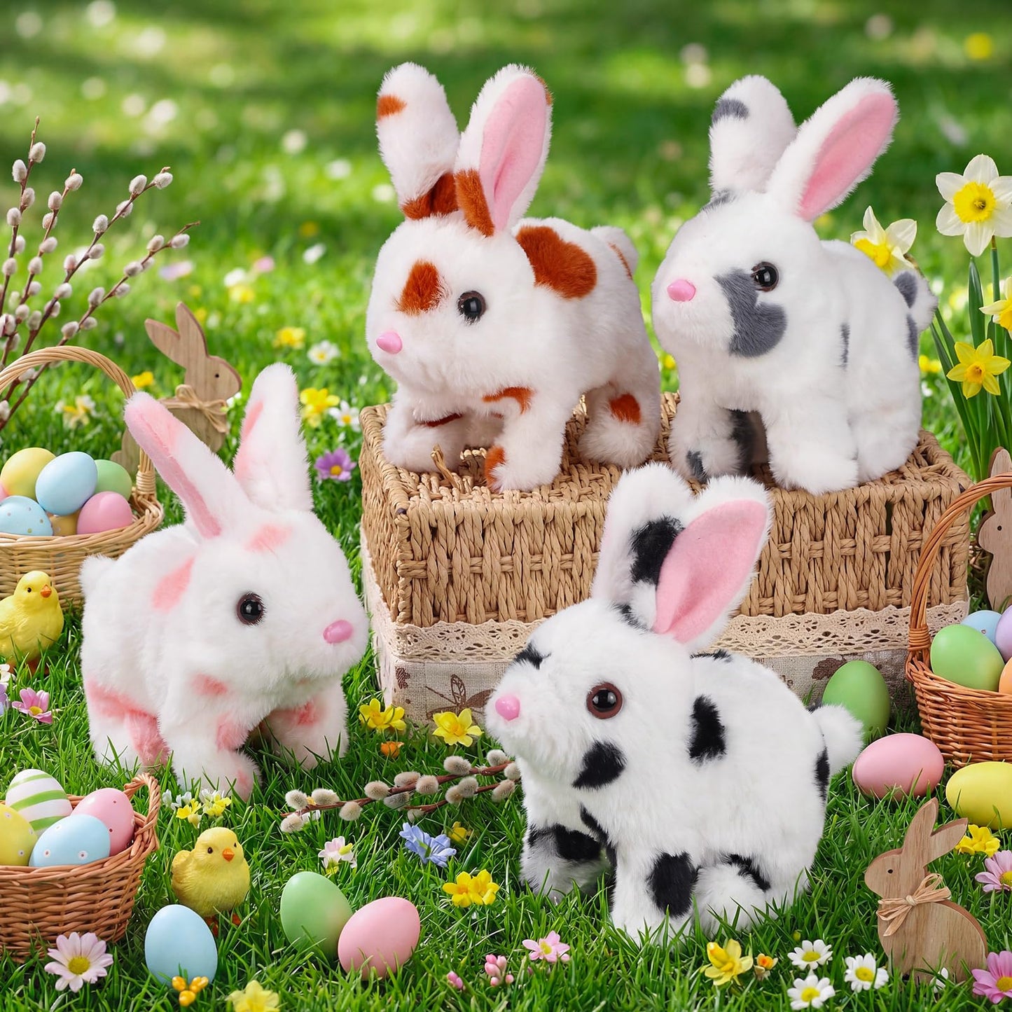 Halloscume 4-Piece Interactive Bunny Toys – 7-Inch Plush Hopping Rabbits for Easter Gift