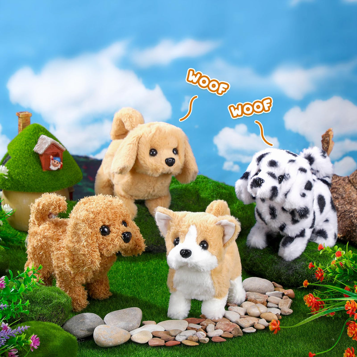 Halloscume 4 Pcs Interactive Dog Toys for Kids – Plush Electronic Puppies That Walk, Bark & Wag
