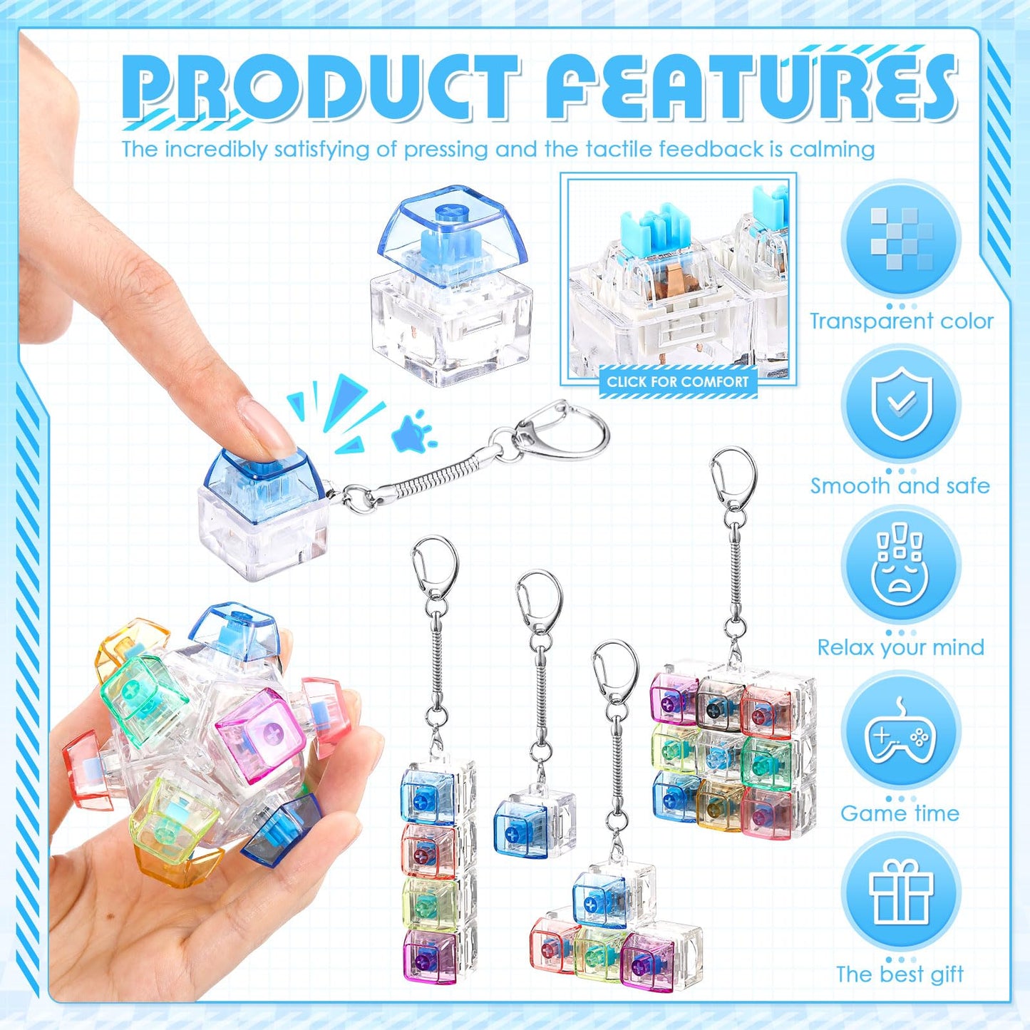 Halloscume 5 Pcs Keyboard Fidget Clicker – 5 Styles Keychain Stress Relief Gift for Office & Home