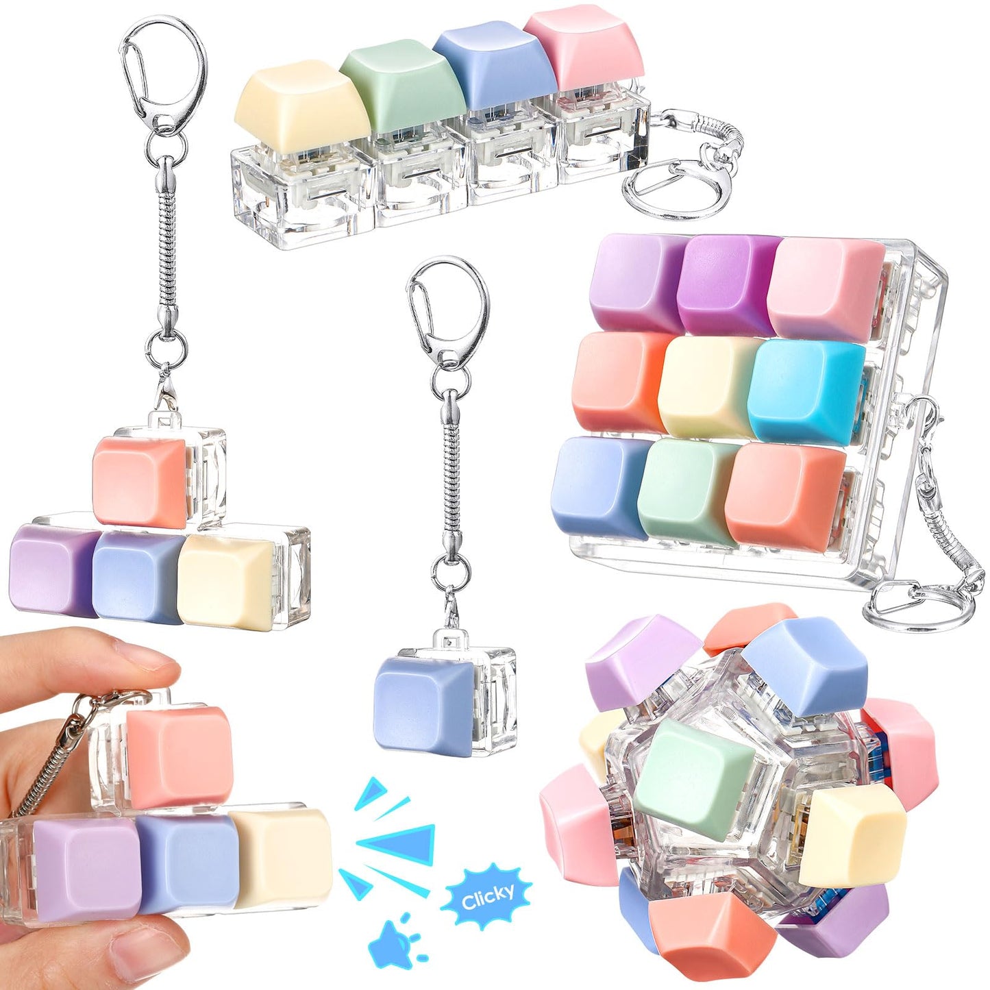 Halloscume 5 Pcs Keyboard Fidget Clicker Set – 5 Styles Pastel Keychain Cubes for Stress Relief and Focus