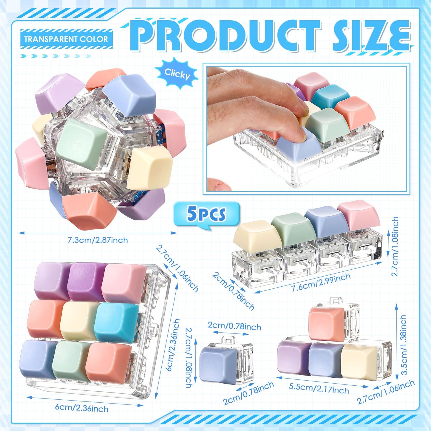 Halloscume 5 Pcs Keyboard Fidget Clicker Set – 5 Styles Pastel Keychain Cubes for Stress Relief and Focus