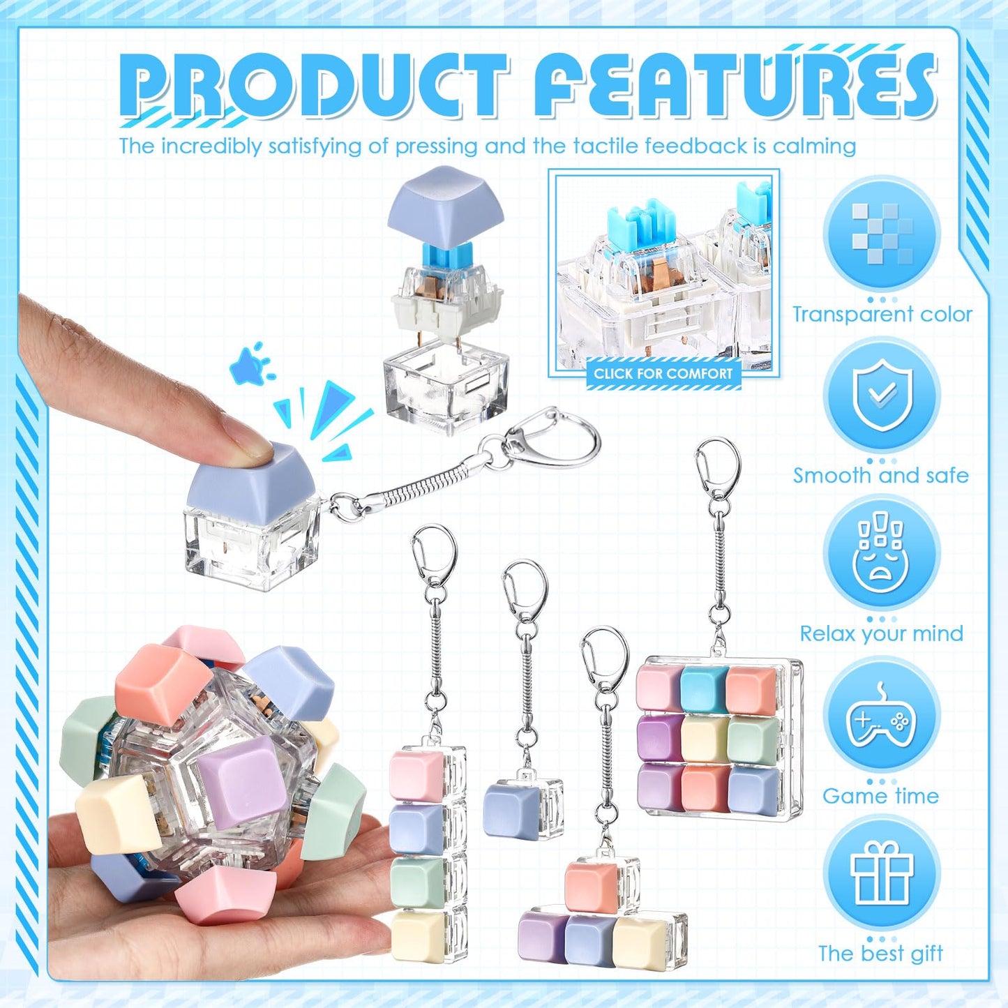 Halloscume 5 Pcs Keyboard Fidget Clicker Set – 5 Styles Pastel Keychain Cubes for Stress Relief and Focus