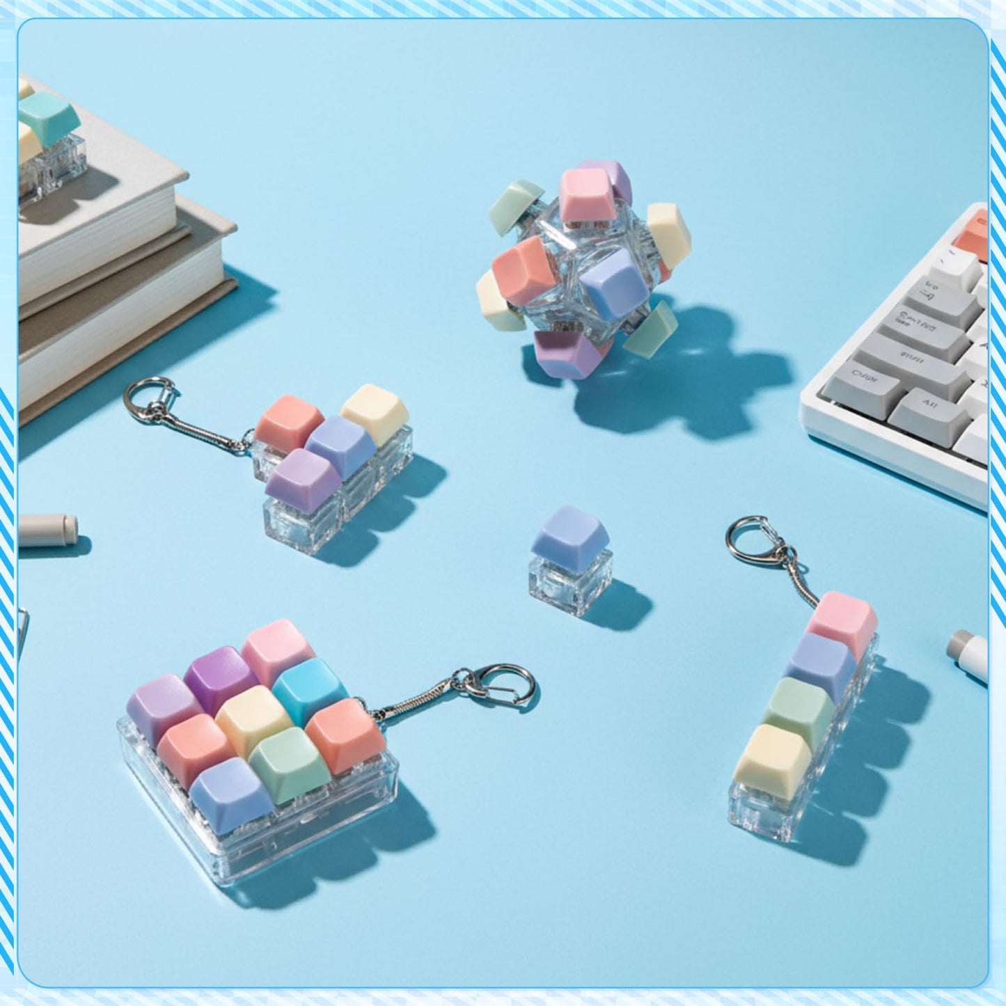 Halloscume 5 Pcs Keyboard Fidget Clicker Set – 5 Styles Pastel Keychain Cubes for Stress Relief and Focus