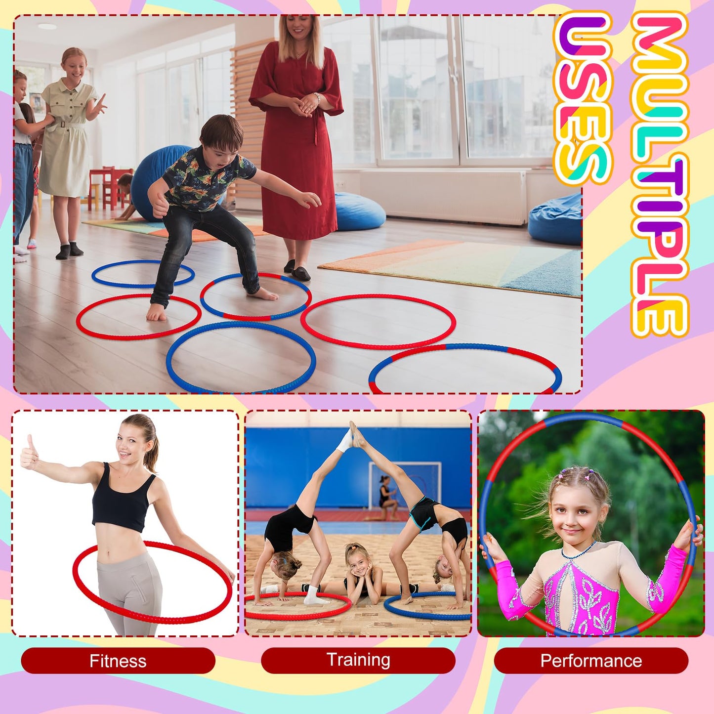 Halloscume 6 Pcs Exercise Hoop Set Detachable 28-Inch Fitness Rings for Teens & Adults