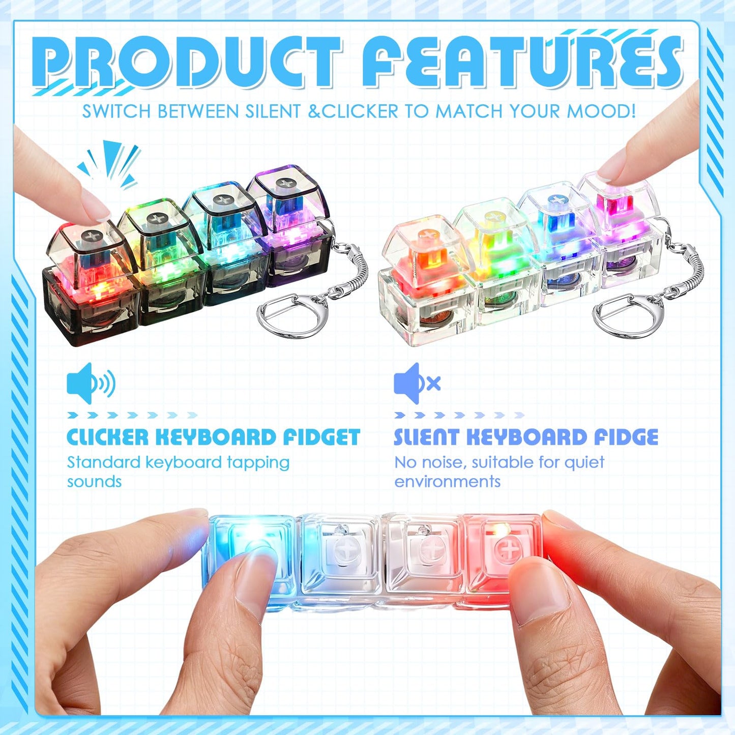 Halloscume 2-Pack 4-in-1 Keyboard Fidget Clicker Toy with LED Light — Silent & Loud