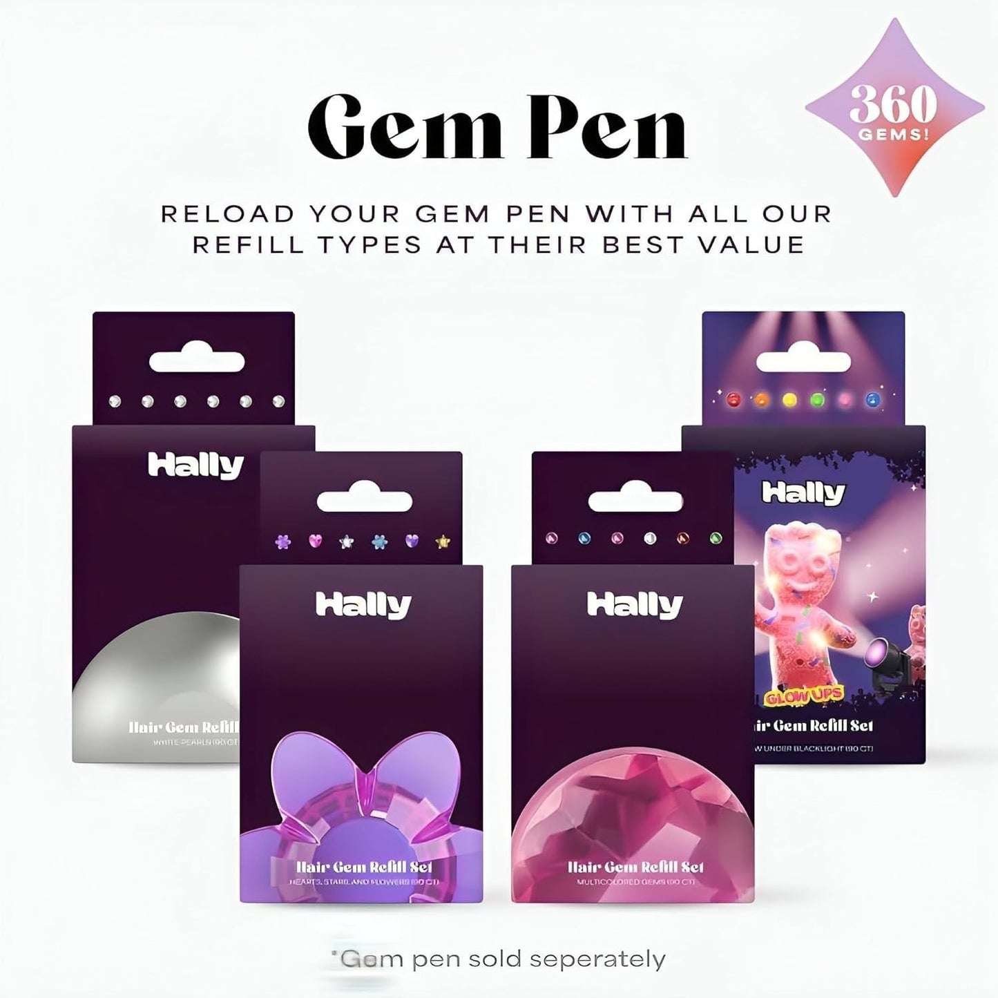 Hally Hair 360 Refill for Hair Gems – Multicolored Adhesive Jewels (No Stamper) – Blacklight Glow