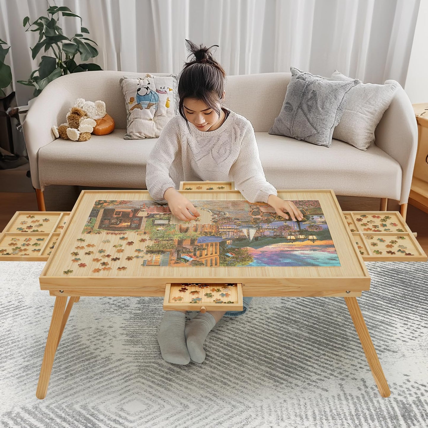 HALLYBEE Puzzle Table 1500-Piece Wooden Board with Foldable Legs, 34.3 by 26.5 inches, 4 Drawers & Cover