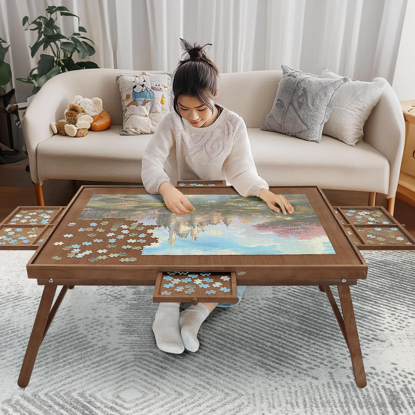 HALLYBEE Puzzle Table 1500-Piece Wooden Board with Foldable Legs, 4 Drawers & Cover – 34.3 x 26.5 in Cho Brown