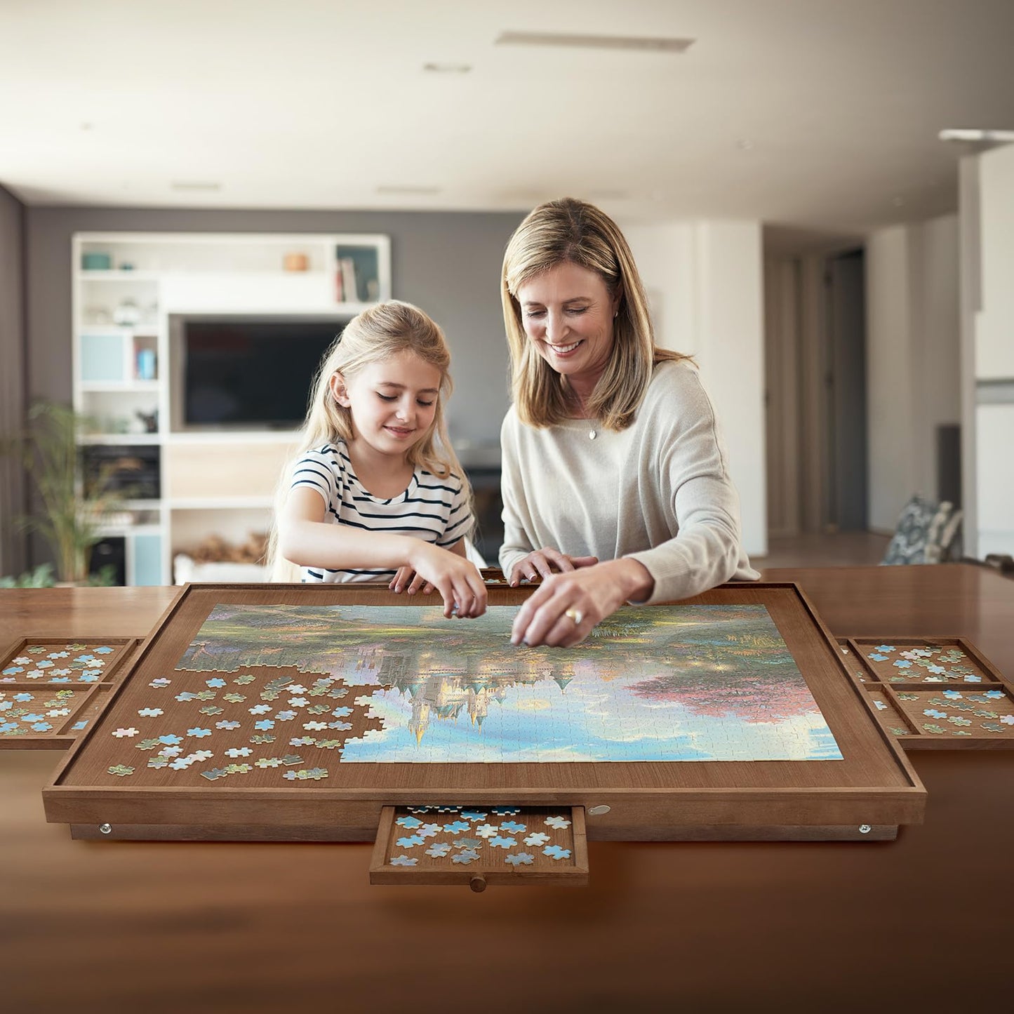 HALLYBEE Puzzle Table 1500-Piece Wooden Board with Foldable Legs, 4 Drawers & Cover – 34.3 x 26.5 in Cho Brown