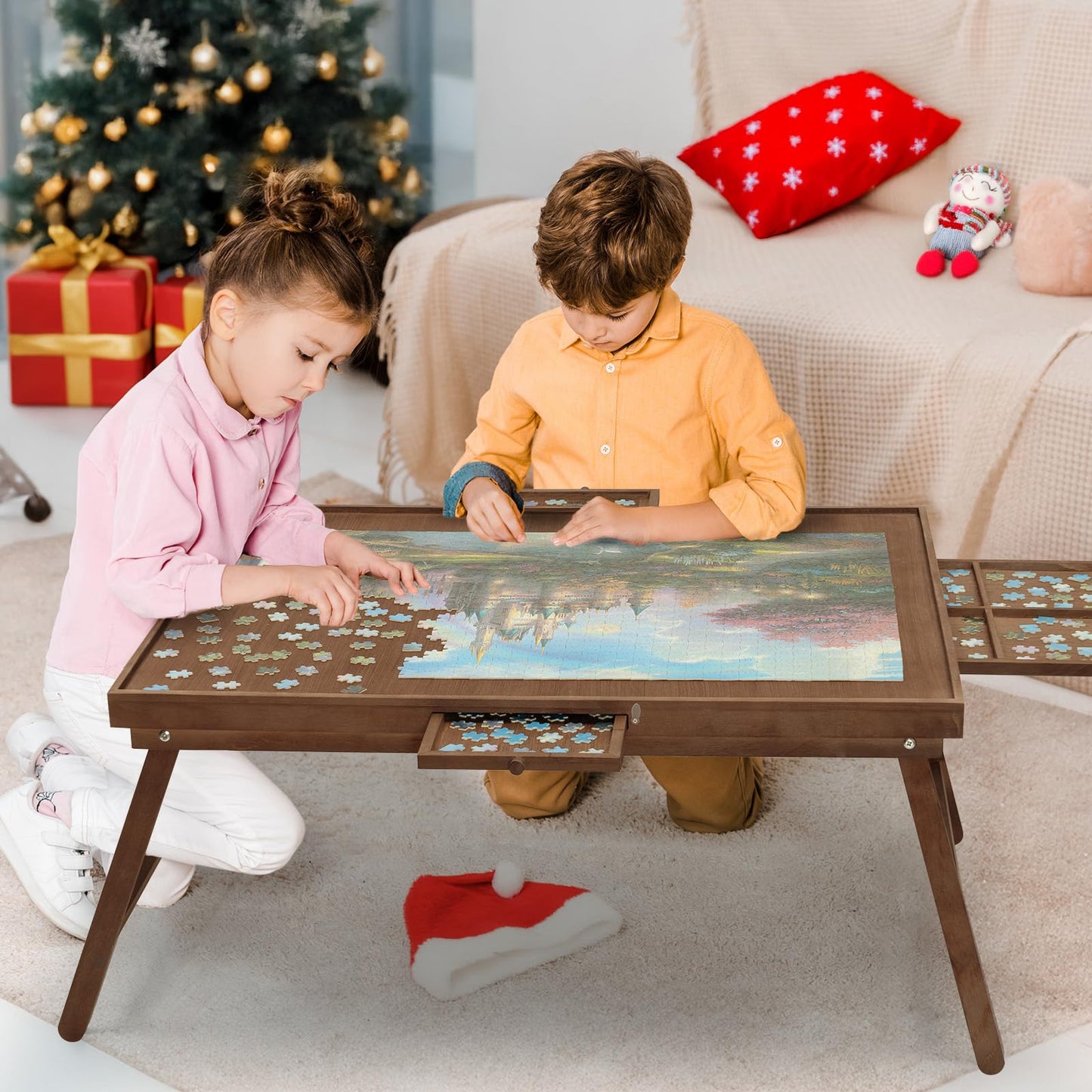HALLYBEE Puzzle Table 1500-Piece Wooden Board with Foldable Legs, 4 Drawers & Cover – 34.3 x 26.5 in Cho Brown