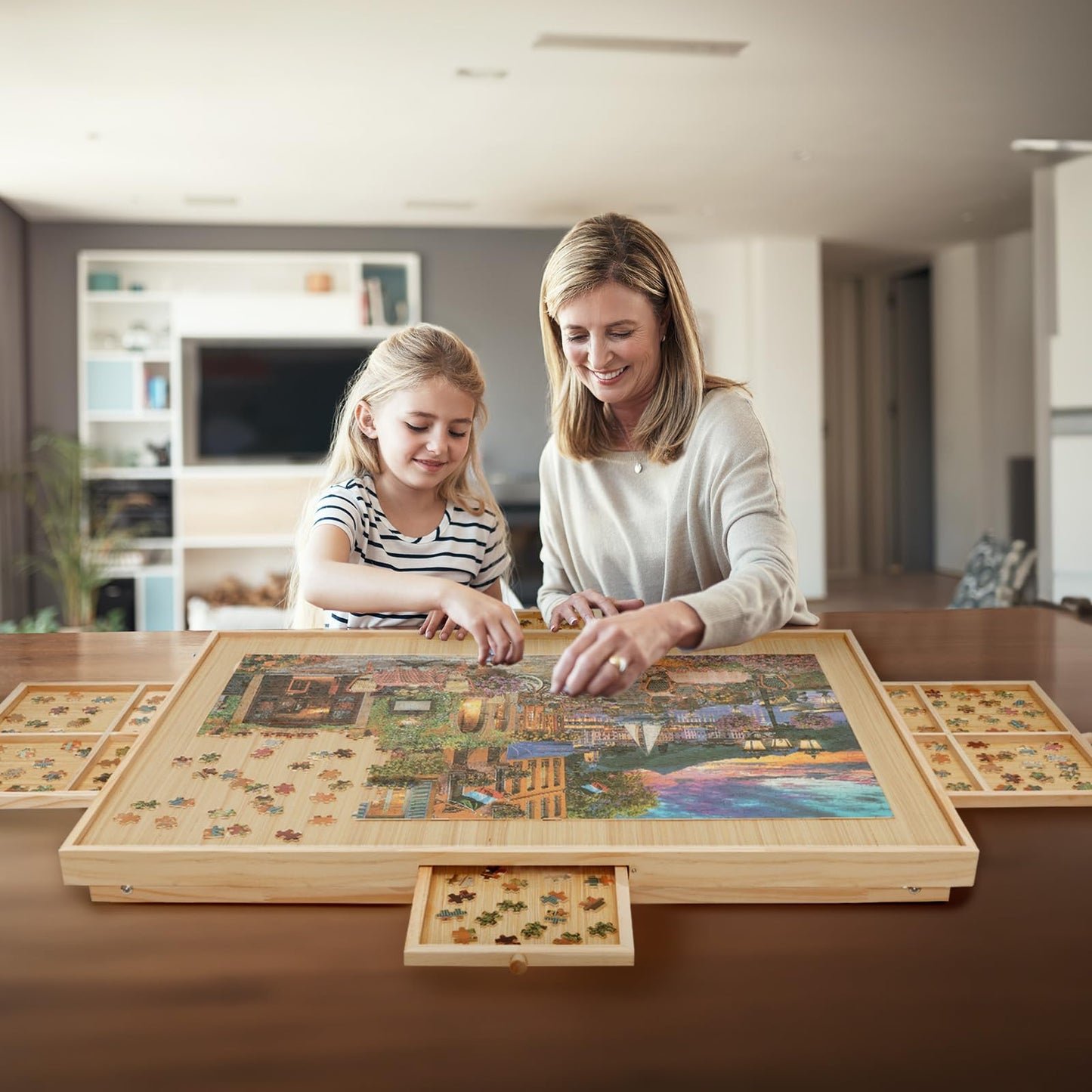 HALLYBEE Puzzle Table 1500-Piece Wooden Board with Foldable Legs, 34.3 by 26.5 inches, 4 Drawers & Cover