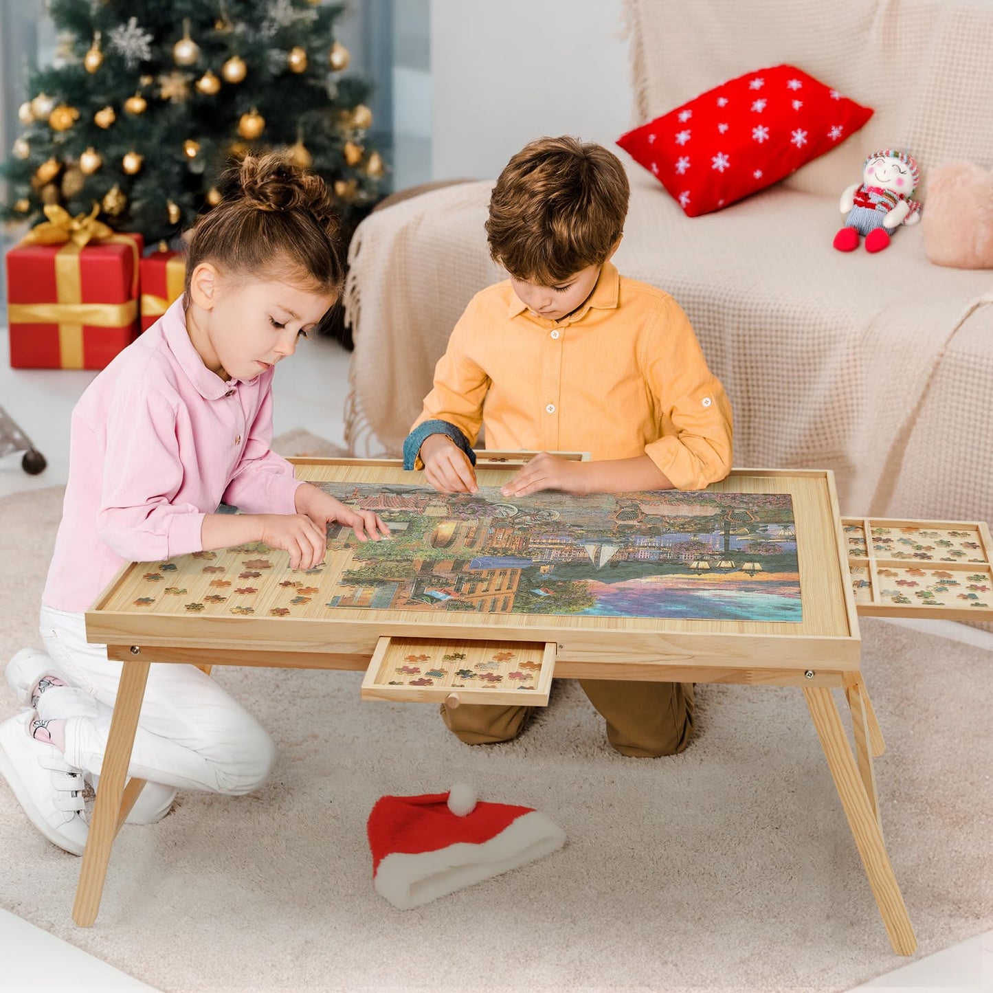 HALLYBEE Puzzle Table 1500-Piece Wooden Board with Foldable Legs, 34.3 by 26.5 inches, 4 Drawers & Cover