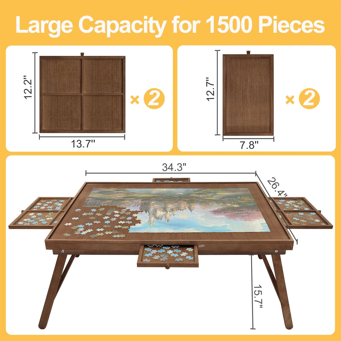 HALLYBEE Puzzle Table 1500-Piece Wooden Board with Foldable Legs, 4 Drawers & Cover – 34.3 x 26.5 in Cho Brown