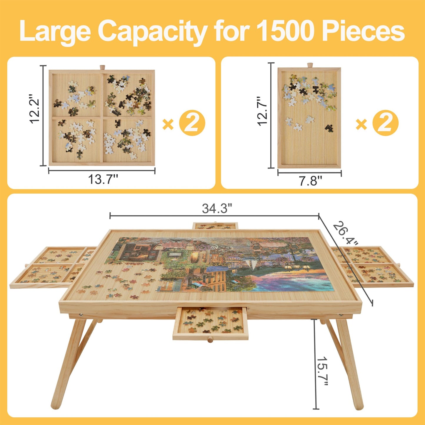 HALLYBEE Puzzle Table 1500-Piece Wooden Board with Foldable Legs, 34.3 by 26.5 inches, 4 Drawers & Cover