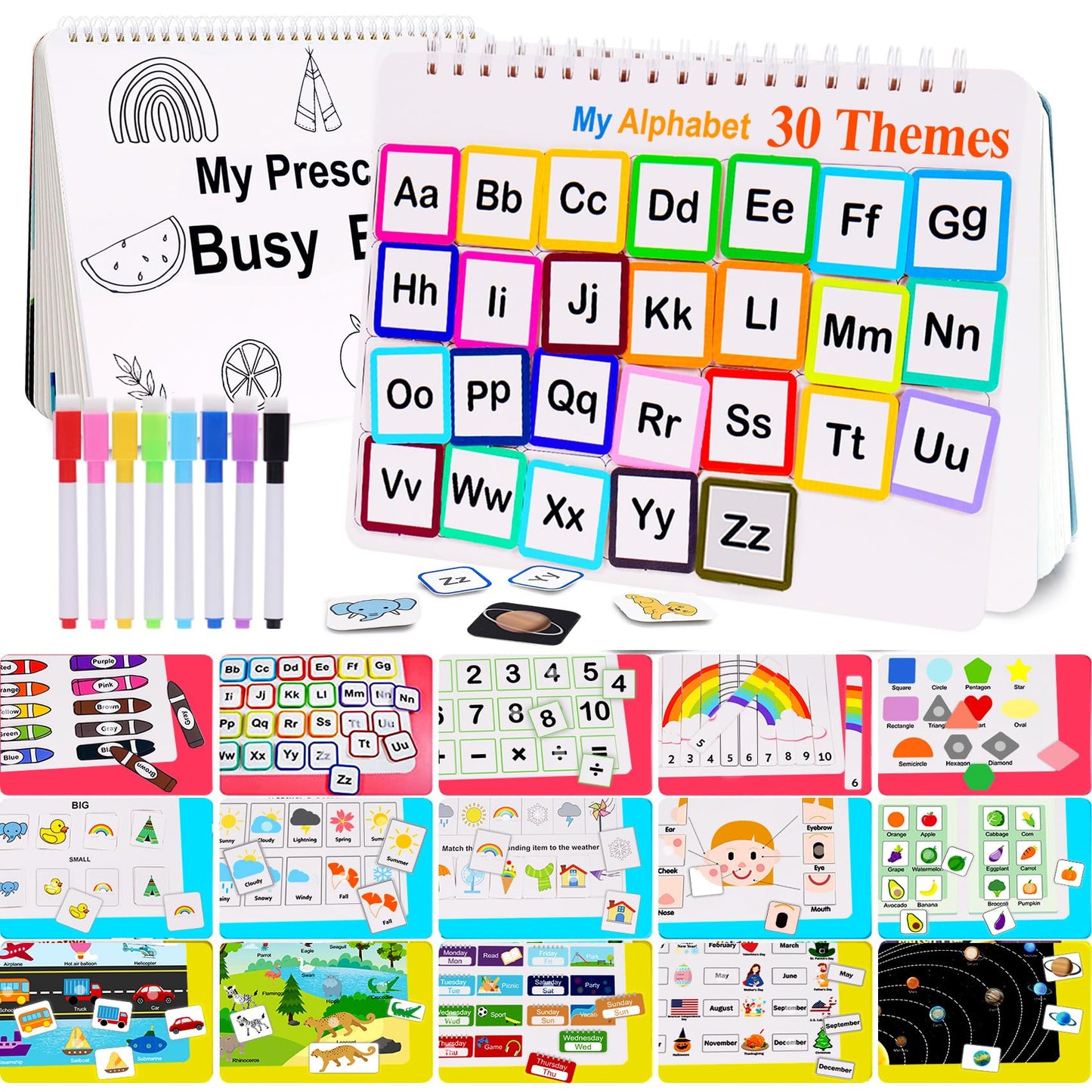 HAN-MM Busy Book for Toddlers 3-5 | 30 Themes, 8 Markers, Montessori Toolkit