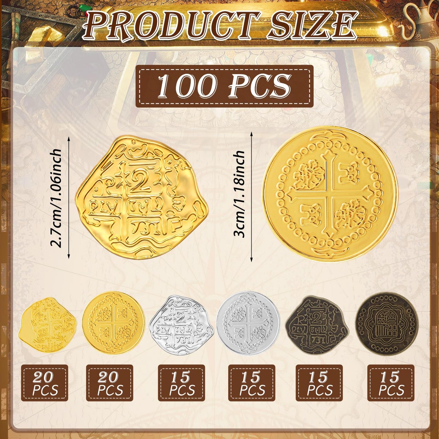 Hanaive 100 Pcs Metal Pirate Coins Spanish Doubloons for Kids Parties Cosplay Groovy Style