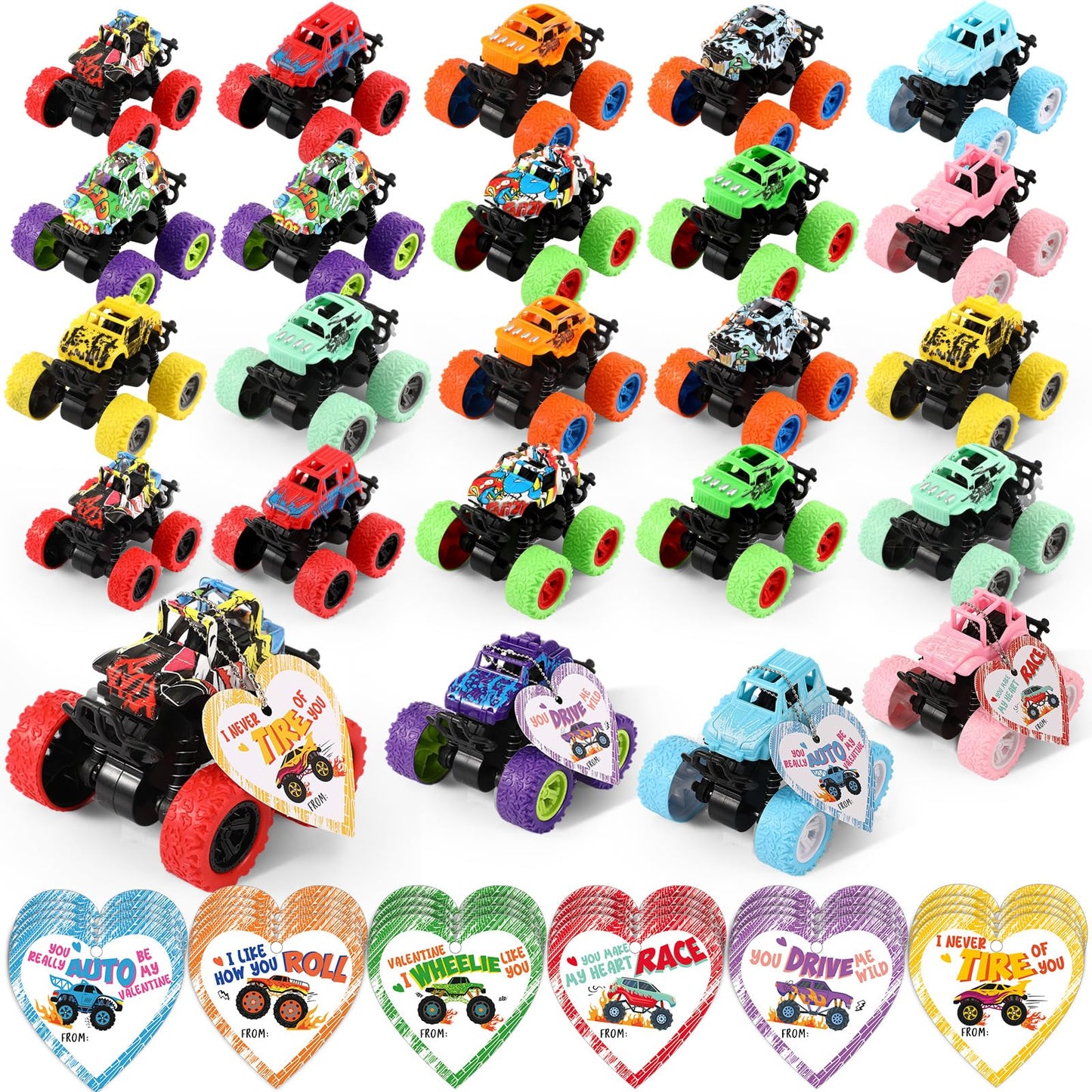 Hanaive 24-Pack Valentines Monster Trucks & Cards Gift Set for Kids