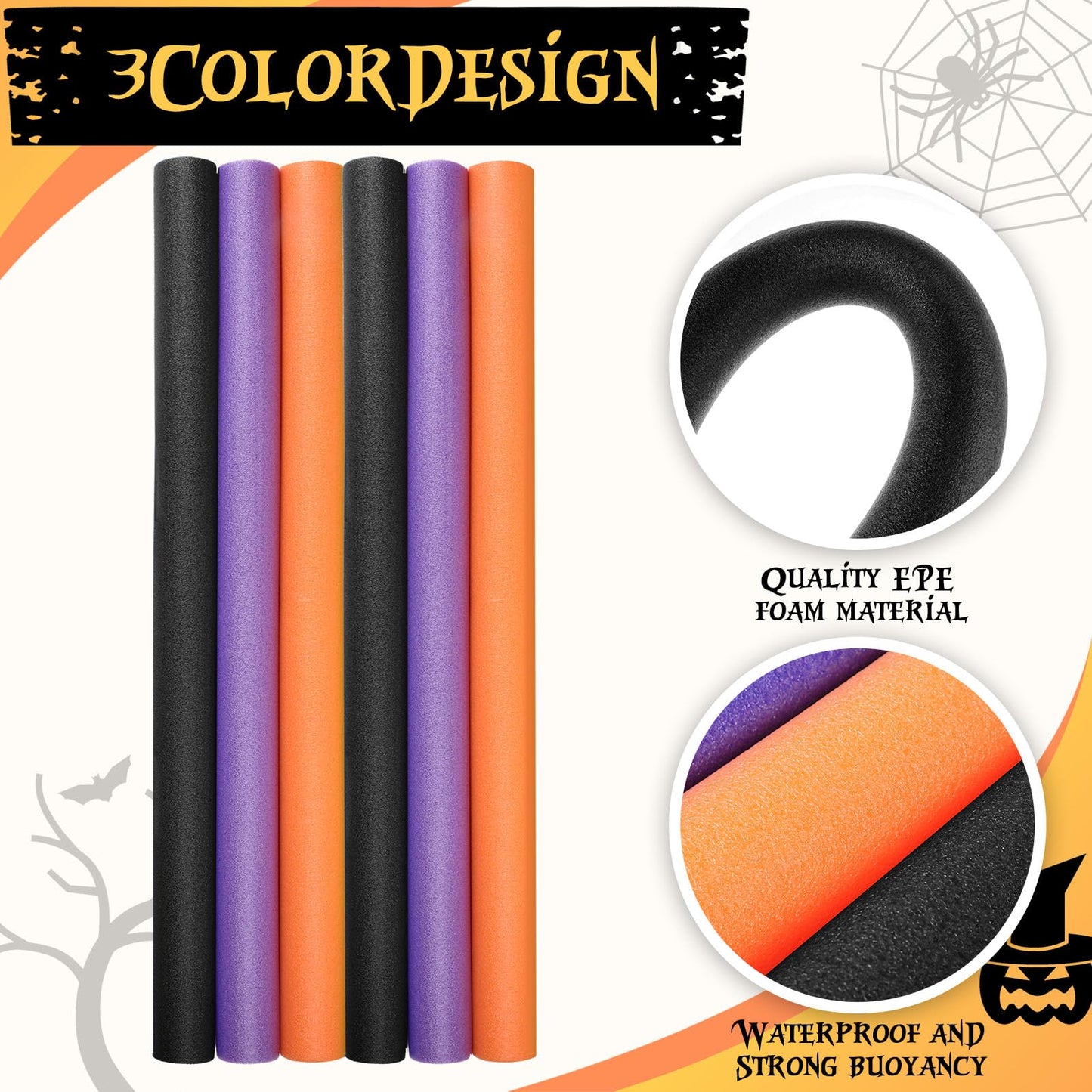 Hanaive 6-Pack Pool Noodles - 52 Inch Hollow Foam Floats Black Orange Purple
