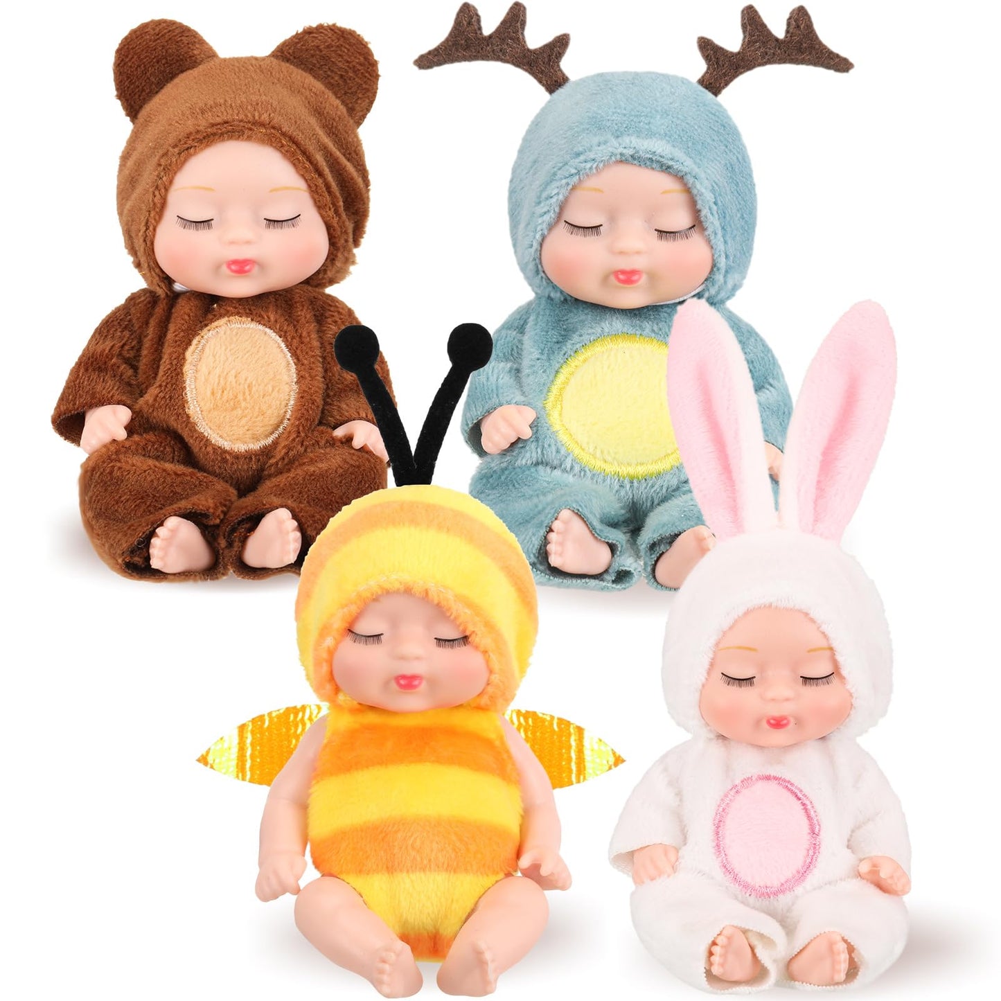 Hanaive 4 Pcs Mini Baby Dolls – 4 Inch Lifelike Dolls with Animal Clothes