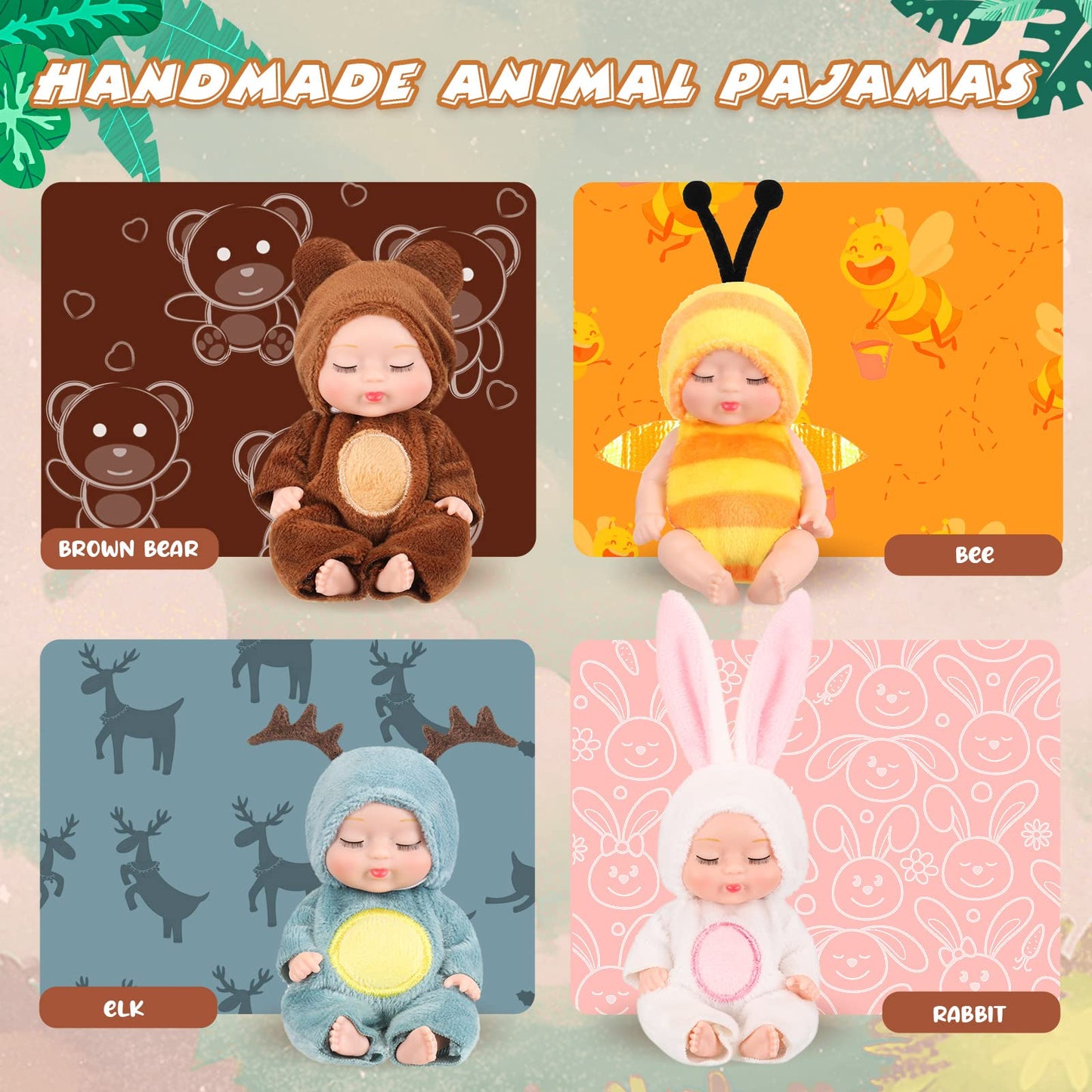 Hanaive 4 Pcs Mini Baby Dolls – 4 Inch Lifelike Dolls with Animal Clothes