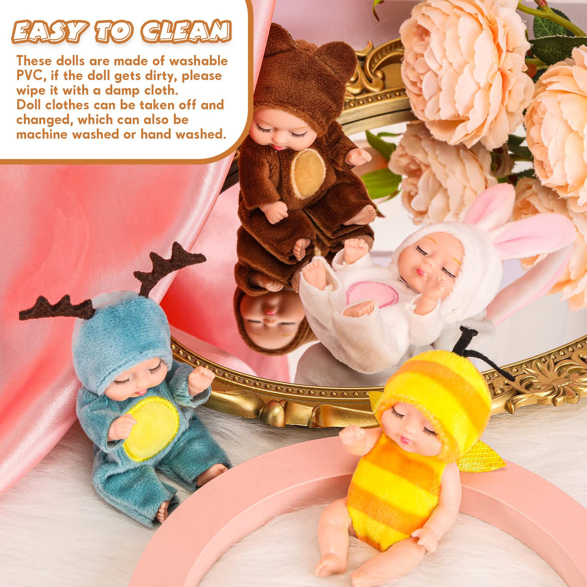 Hanaive 4 Pcs Mini Baby Dolls – 4 Inch Lifelike Dolls with Animal Clothes