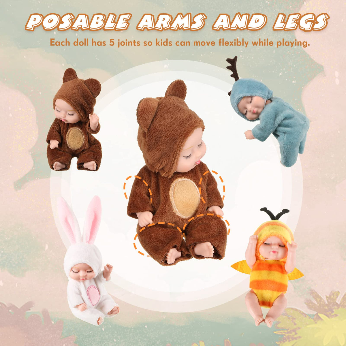 Hanaive 4 Pcs Mini Baby Dolls – 4 Inch Lifelike Dolls with Animal Clothes