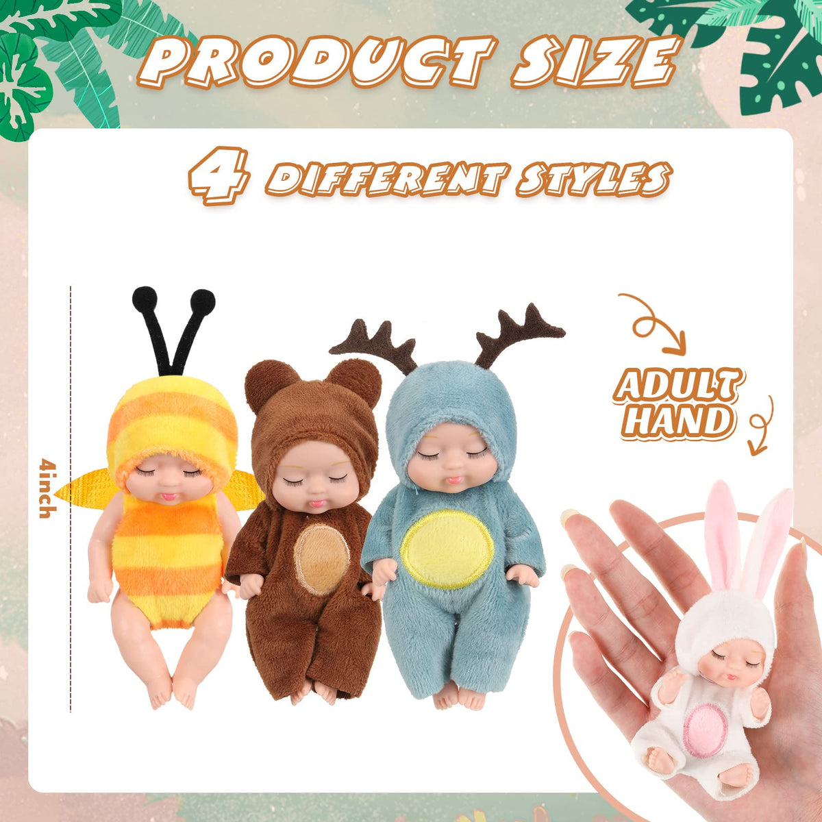 Hanaive 4 Pcs Mini Baby Dolls – 4 Inch Lifelike Dolls with Animal Clothes