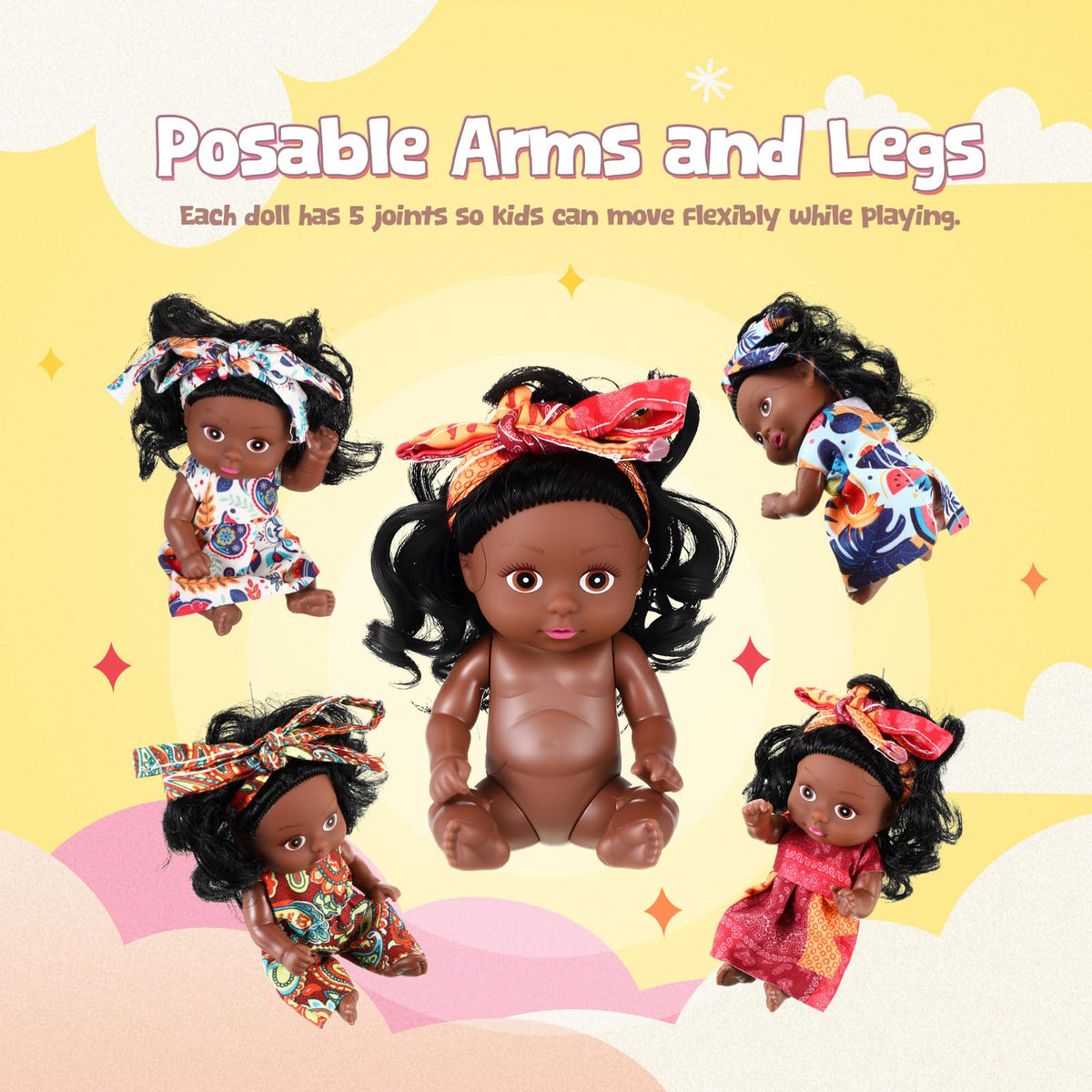 Hanaive 4 Pcs 4-Inch Mini Baby Dolls – Realistic African-Style PVC Toys (Black)