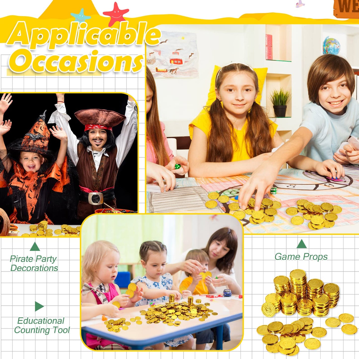 Hanaive 800 Pcs Plastic Pirate Coins | Gold Doubloons for Kids Parties & Games