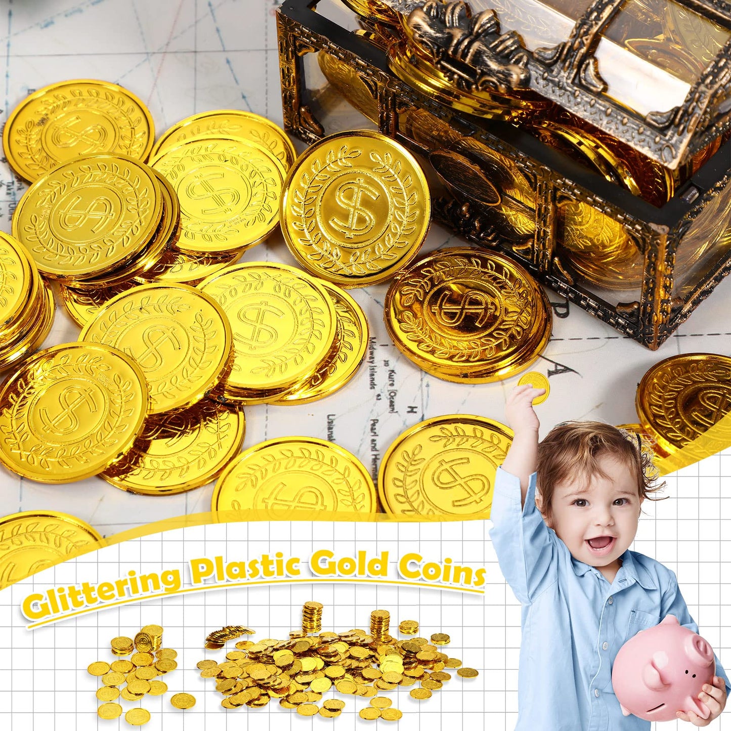 Hanaive 800 Pcs Plastic Pirate Coins | Gold Doubloons for Kids Parties & Games