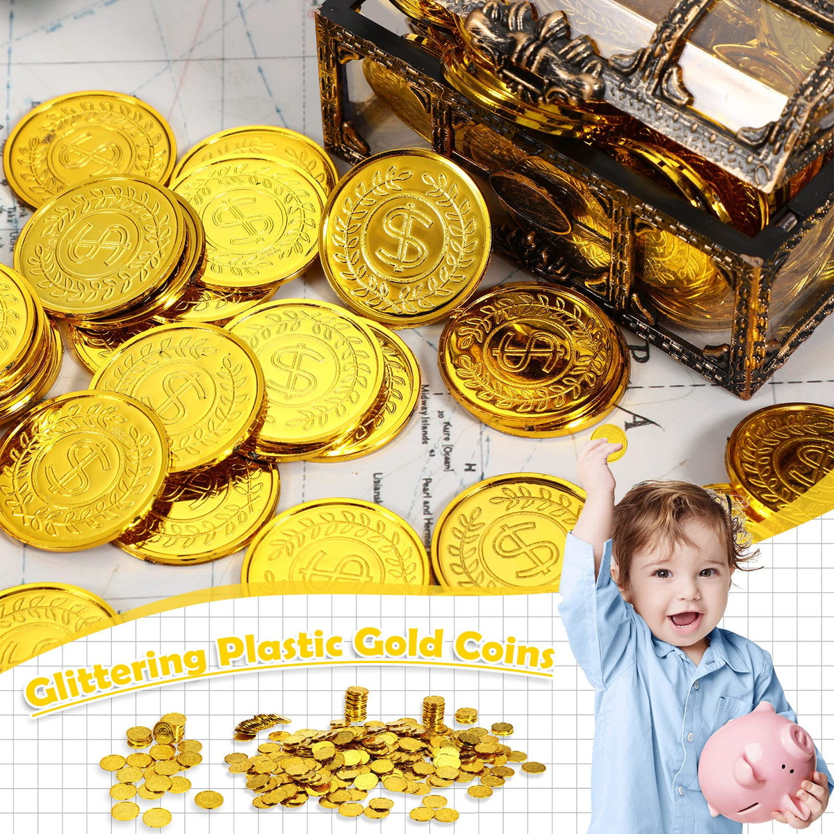 Hanaive 1000 Pcs Pirate Gold Coins – Plastic Treasure Doubloons for Parties, Treasure Hunts & Classroom Rewards