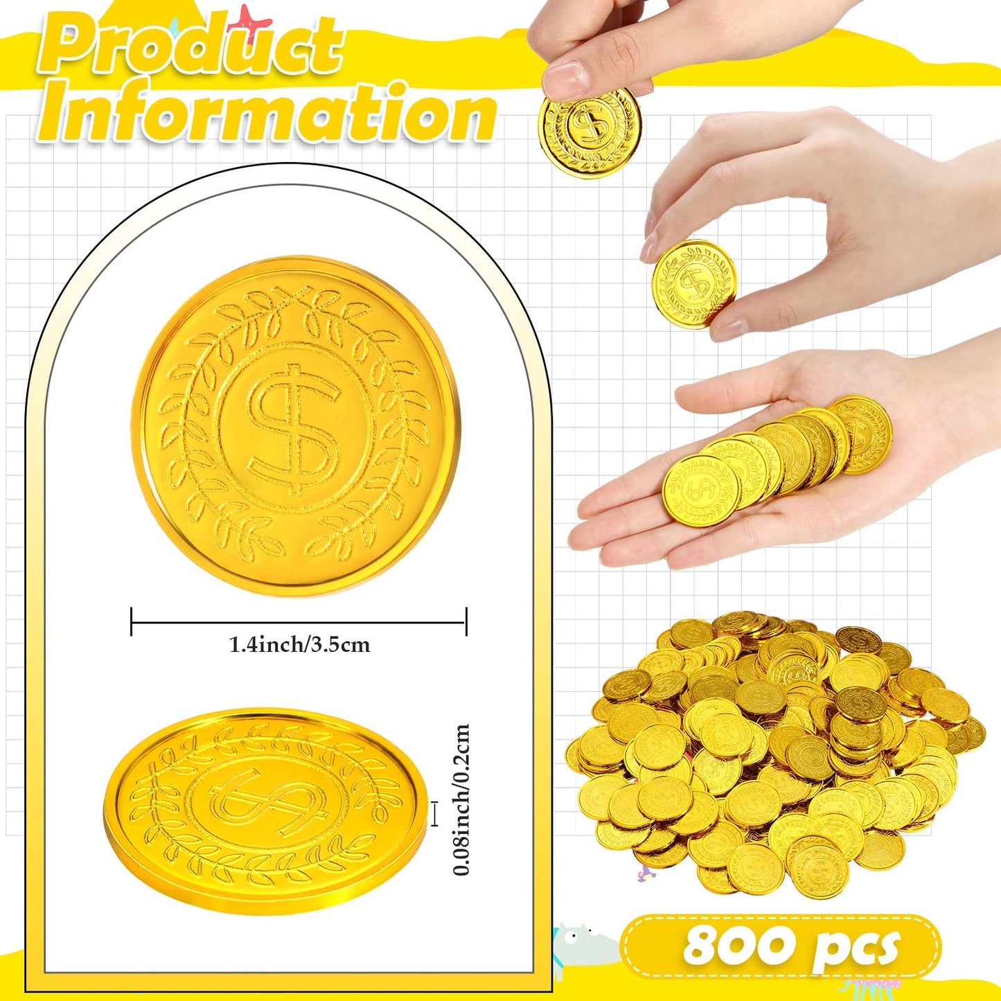 Hanaive 800 Pcs Plastic Pirate Coins | Gold Doubloons for Kids Parties & Games