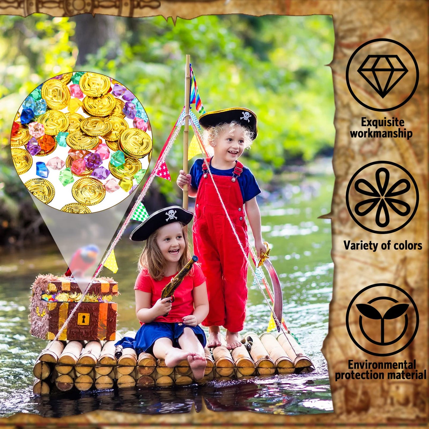 Hanaive 150 Pcs Plastic Pirate Coins & Acrylic Gems – Treasure Hunt Party Decorations & Pirate Props
