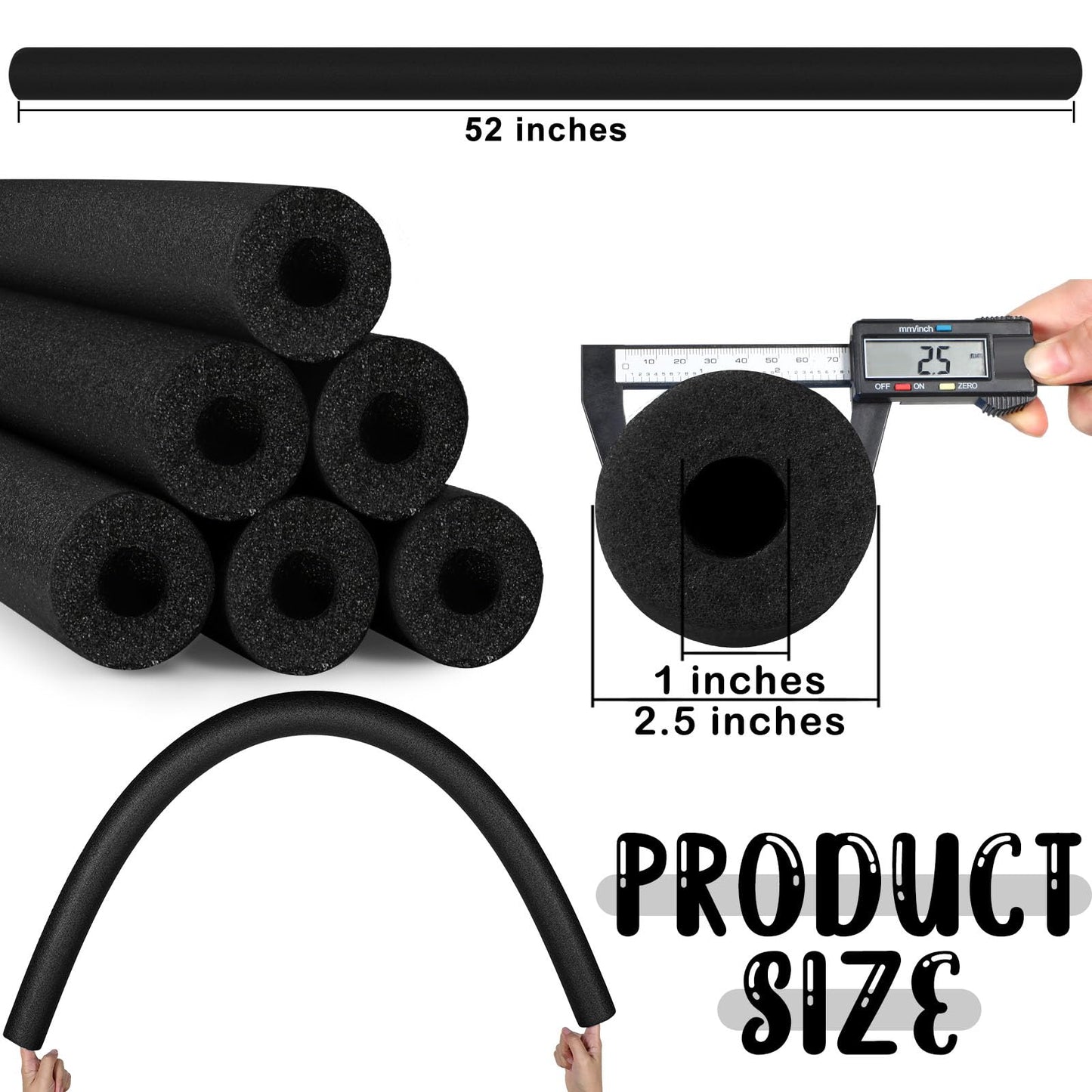 Hanaive 6 Pack Black Pool Noodles - 52-Inch Hollow Foam Floats for Pool & Crafts